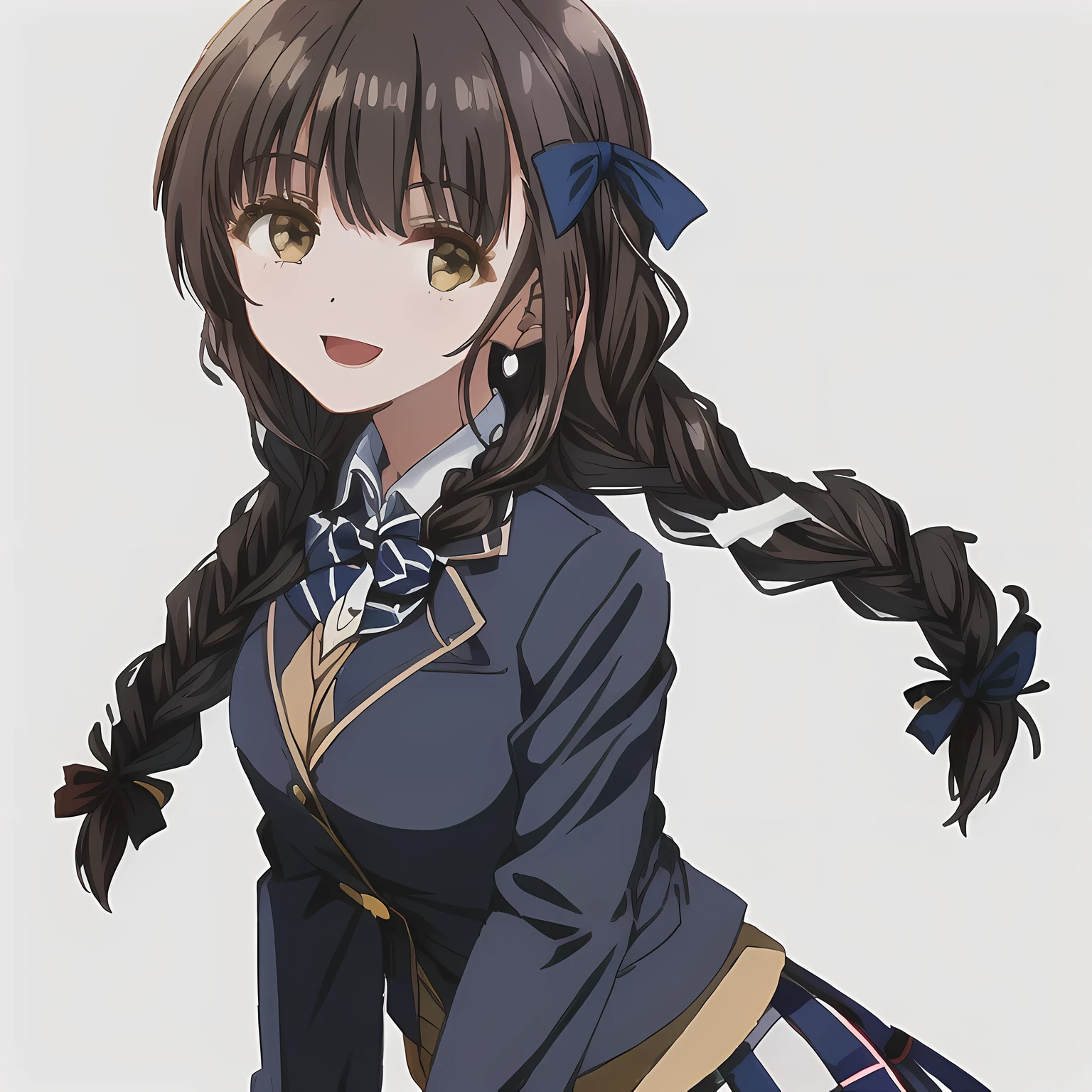 highest quality, (masterpiece:1.2), High resolution, perfect pixel, A very beautiful woman stands tall, 16 years old, ((girly large deep blue glossy silk Japanese school ribbon bow tie)), (((a pair of dark brown tightly braids hair style))), ((((dark blue & deep navy colored tartan checkered long skirt)))), ((A formal dark blue blazer with a golden emblem on the left chest that feels like cloth.)), looking at the viewer, laughing very happily, pity the viewers
