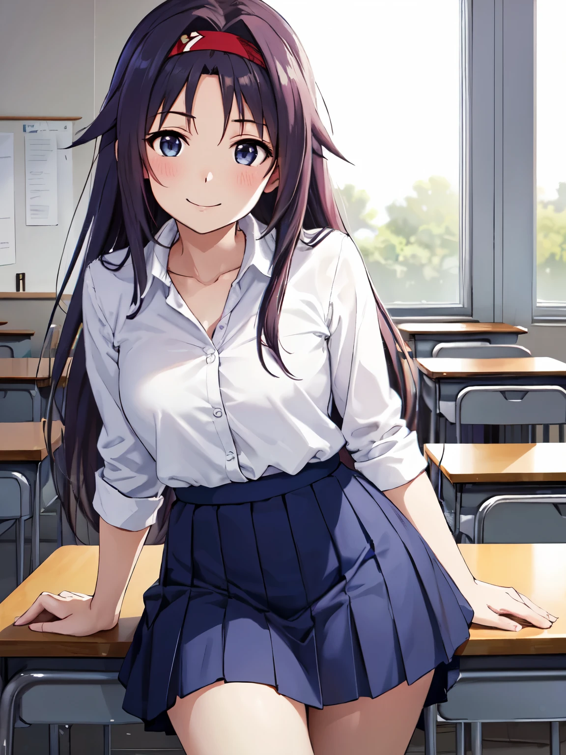 masterpiece, highest quality, disorganized, yuuki konno,smile、bandana,1 girl, alone, long hair,white shirt, pleated skirt, blue skirt, Natural light, soft lighting,, volume lighting, indoors, classroom, highly detailed background,cowboy shot