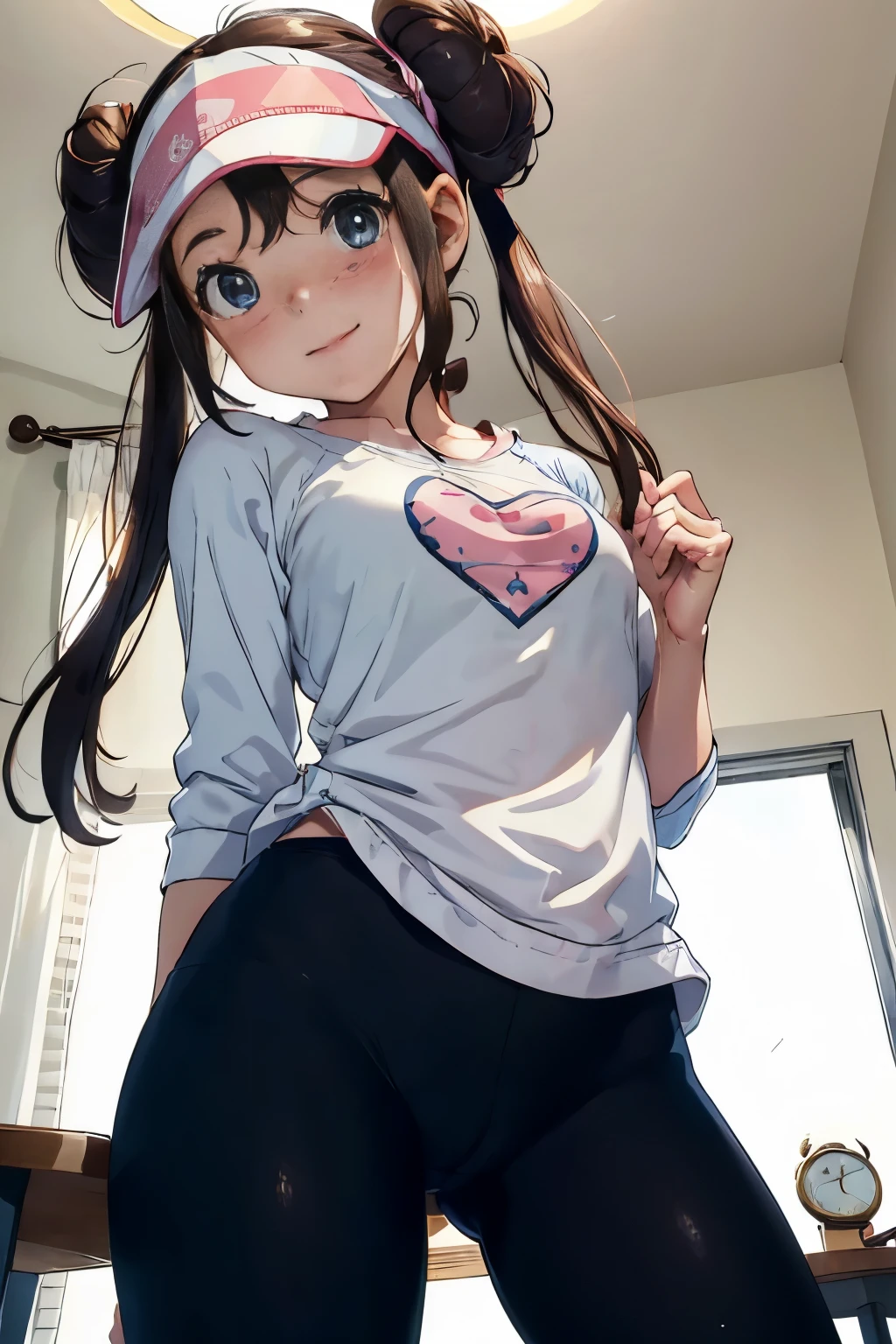 table top、highest quality、High resolution、1 girl、alone、low length、thin legs、shy、smile、blush、big 、dark brown hair、bun hair、blue eyes、long twin tails、visor cap、pink ribbon、white shirt、(white panties with detailed decorations)、clock、white bedroom、A photo of the subject taken from below、(Change of clothes、filming her from below)、black tights、sexual pose