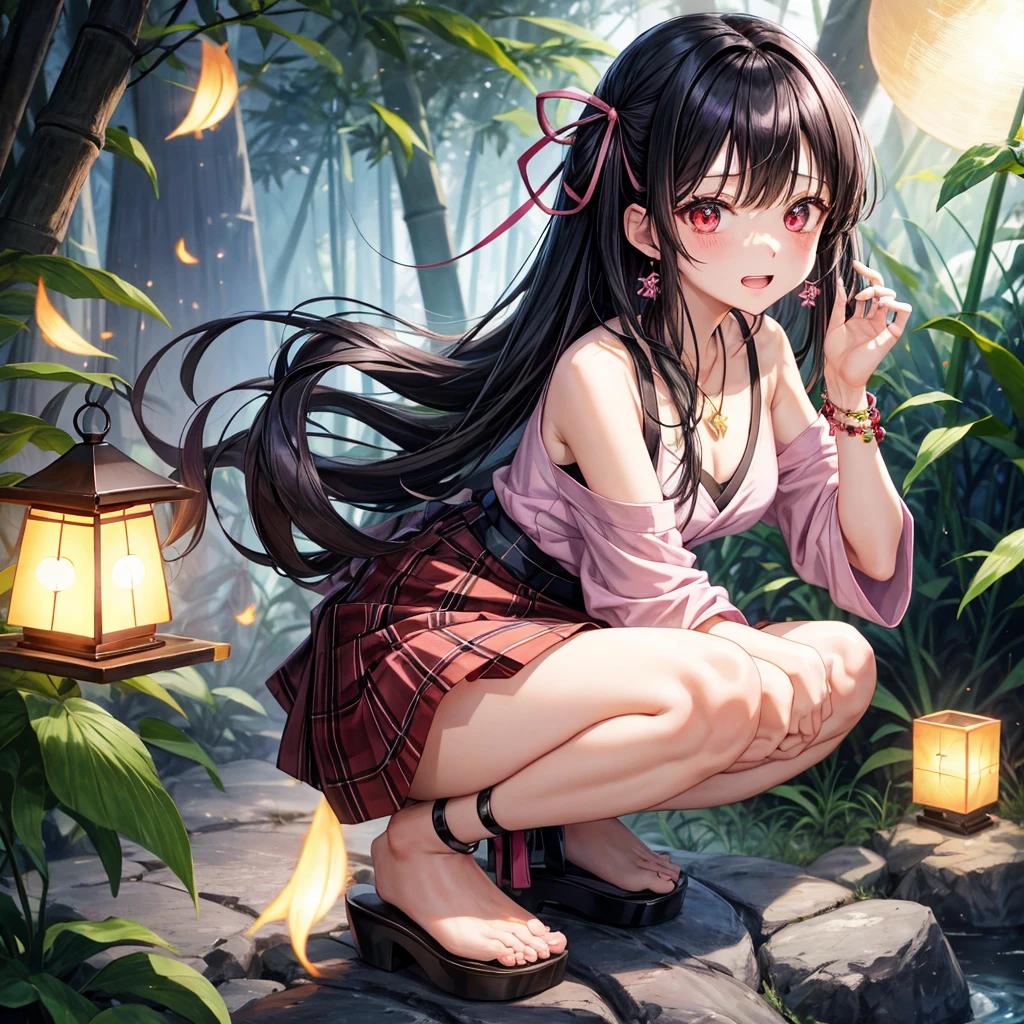 Pink-black hair、red eyes、one good looking girl、solo、anime、plaid mini skirt、black camisole、black t-shirt、kimono、wearing a ribbon、ribbon at waist、stone slabs are piled up、crystal earrings、jewelry necklace、Light and shadow、clock、petal、tilting one's face、teeth are visible、fire spirit、Cube、bamboo forest、squatting down、moonlight、Fireflies are flying、back to back