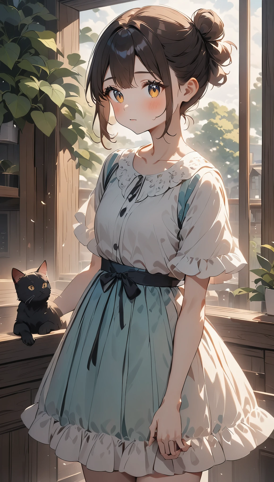 highest quality、Black catを抱く女の子、cute  girl、Bun hair with brown hair tied、Black cat、natural look、long shot、Natural light