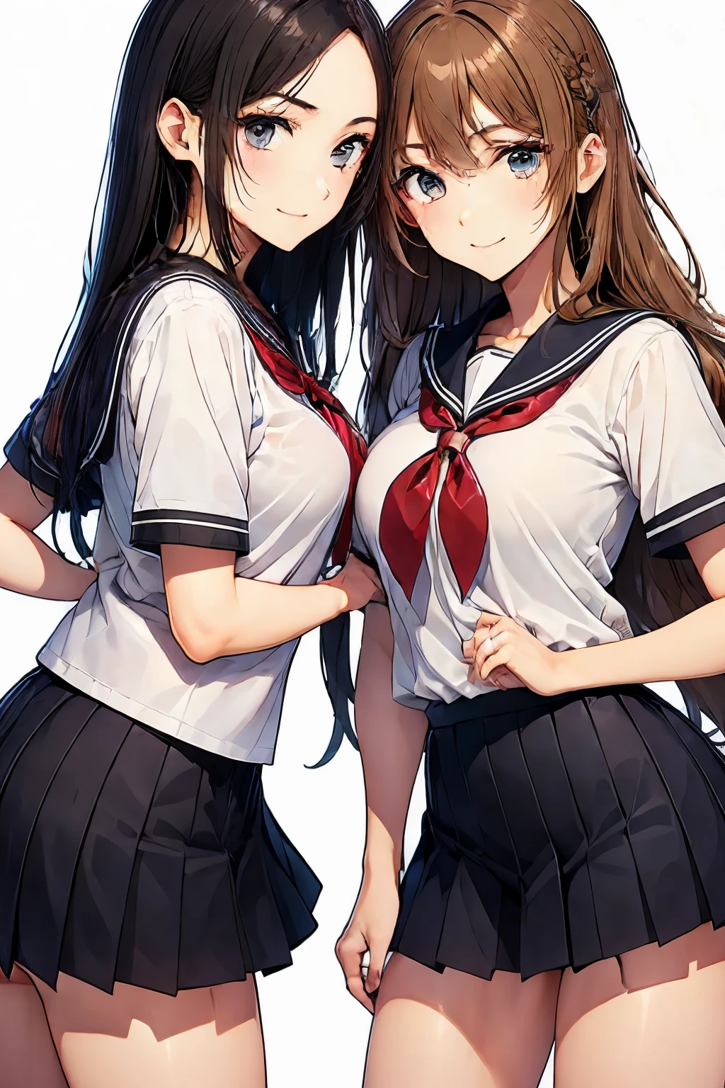 Two High School Girls、seductive smile、nsfw、grabbing another's breast