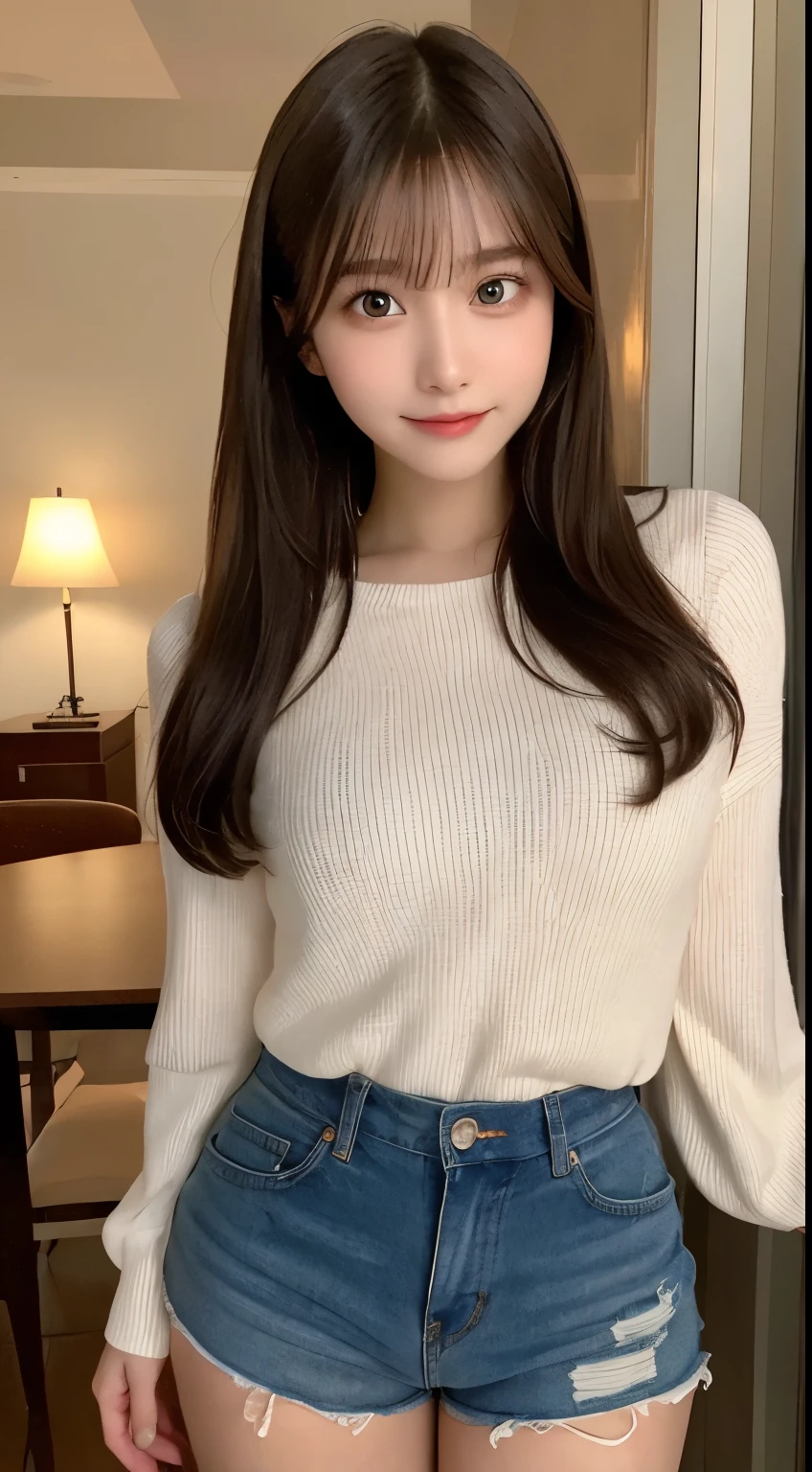 table top, highest quality, shape, Super detailed, finely, High resolution, 8k wallpaper, 完璧なダイナミックな構shape, beautiful and detailed eyes, straight hair, small breasts, natural color lip, random sexy pose,smile,20 year old girl、midnight、Beautiful and dense face、perfect and beautiful face,Big eyes、Raw photo、Expressing feminine poses with your whole body、beautiful and detailed eyes、small face、beautiful duplex、slim face and style,beautiful golden ratio face、long sleeve blouse、shorts
