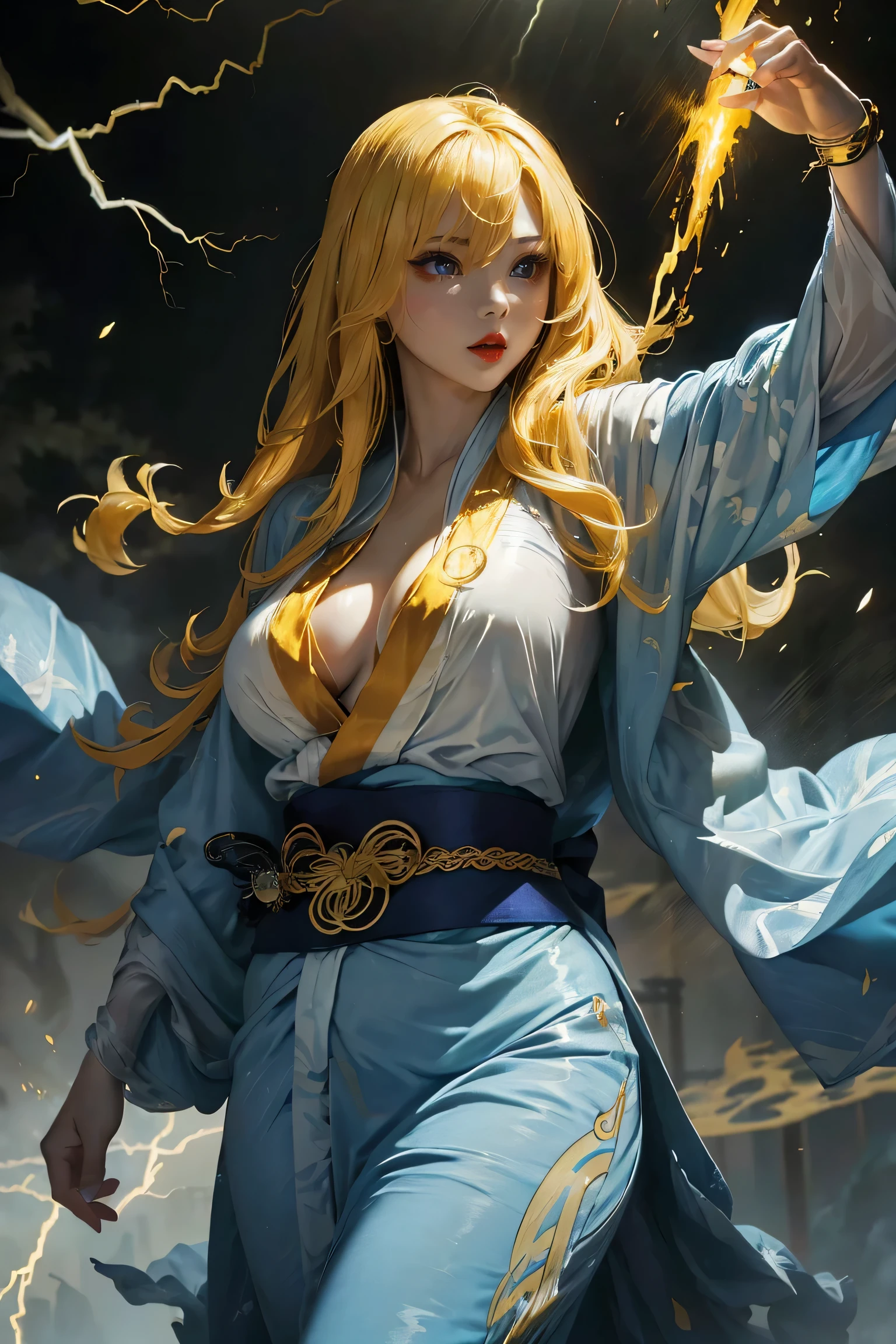 (8k, highest quality, masterpiece: 1.2), (realistic, realistic: 1.37), Super detailed, ((A bewitching female thunder god dancing in the sky:1))、((Female thunder god in sexy Japanese style kimono))、A sexy thunder god who controls lightning、((A sexy golden kimono inspired by thunder:1))