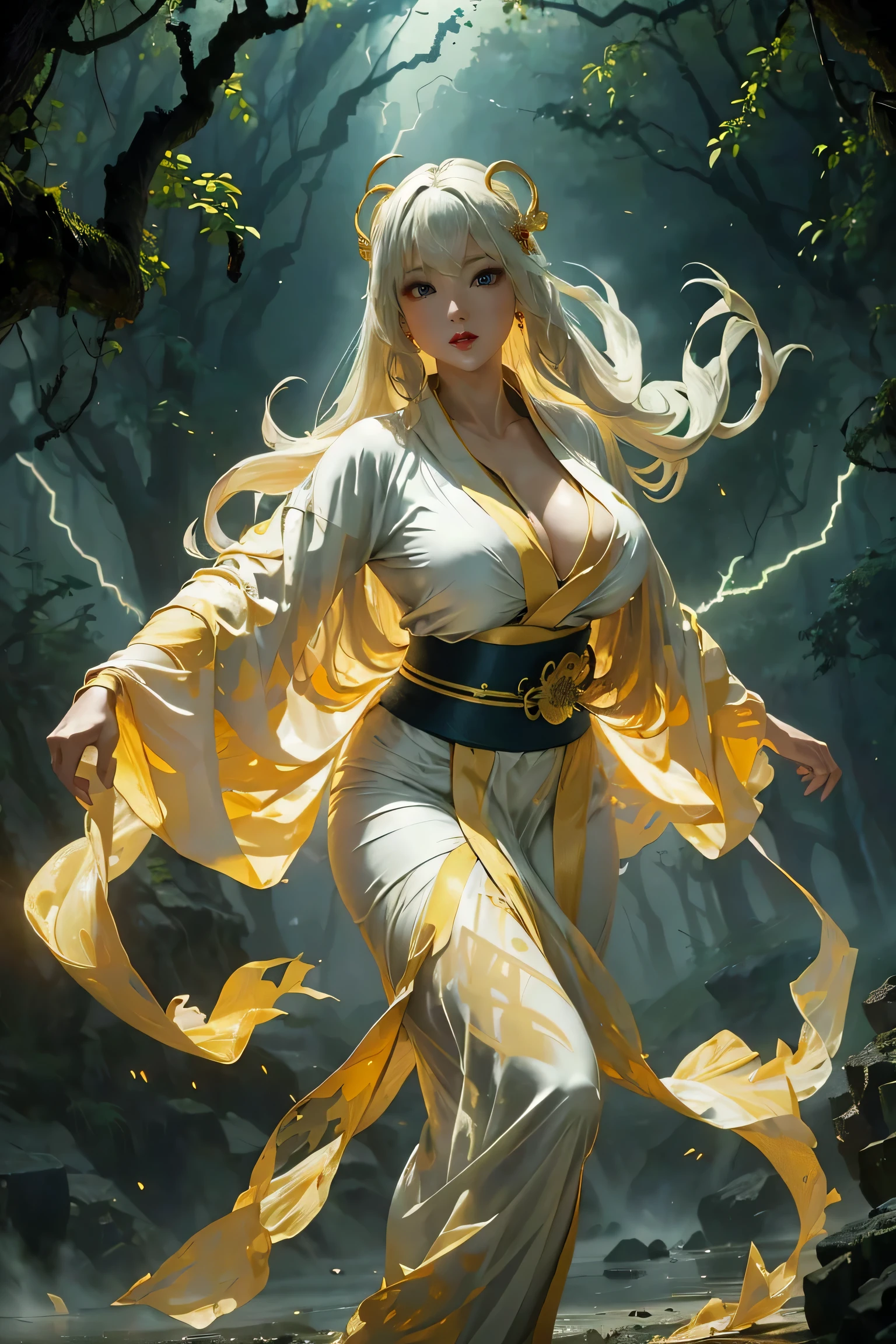 (8k, highest quality, masterpiece: 1.2), (realistic, realistic: 1.37), Super detailed, ((A bewitching female thunder god dancing in the sky:1))、((Female thunder god in sexy Japanese style kimono))、A sexy thunder god who controls lightning、((A sexy golden kimono inspired by thunder:1))