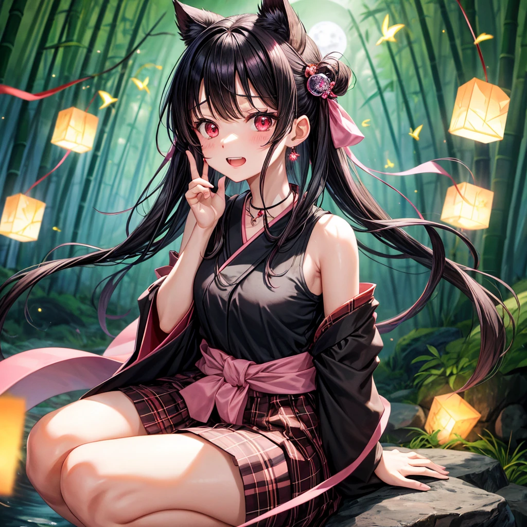 Pink-black hair、red eyes、one good looking girl、solo、anime、plaid mini skirt、black camisole、black t-shirt、kimono、wearing a ribbon、ribbon at waist、stone slabs are piled up、crystal earrings、jewelry necklace、Light and shadow、clock、petal、tilting one&#39;s face、teeth are visible、fire spirit、Cube、bamboo forest、squatting down、moonlight、Fireflies are flying、back to back