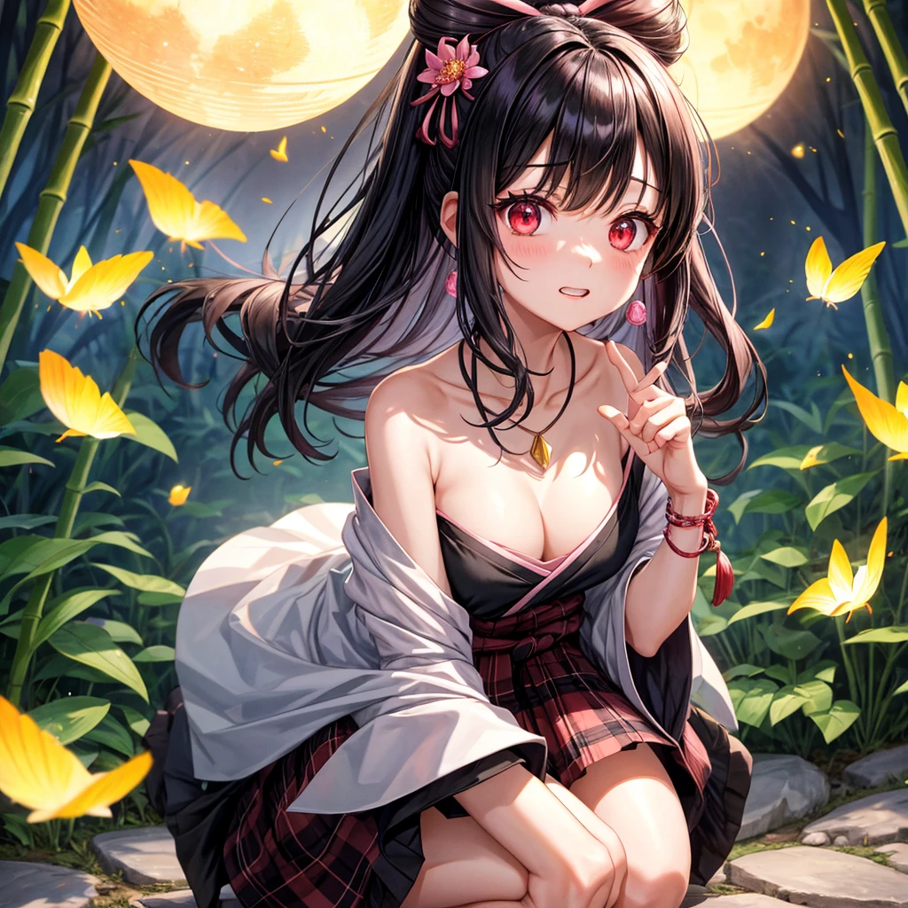 Pink-black hair、red eyes、one good looking girl、solo、anime、plaid mini skirt、black camisole、black t-shirt、kimono、wearing a ribbon、ribbon at waist、stone slabs are piled up、crystal earrings、jewelry necklace、Light and shadow、clock、petal、tilting one&#39;s face、teeth are visible、fire spirit、Cube、bamboo forest、squatting down、moonlight、Fireflies are flying、back to back