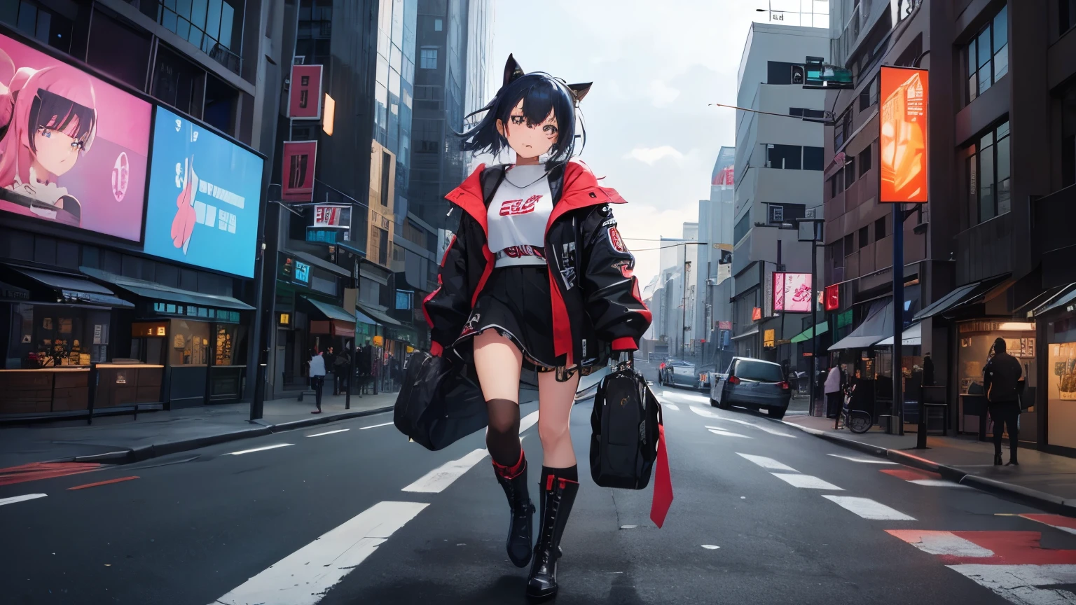 high quality、cyber punk、girl２people、mechanic、comical、anime style etc.、髪のcolorは２color、bike、leather jacket、punk coloring、city、ナイトcity、Street style、graffiti、hoodie、middle age、tall woman、military、Knee-high boots、weapons、night、二people組、teammates、The touch of the picture is black lagoon style