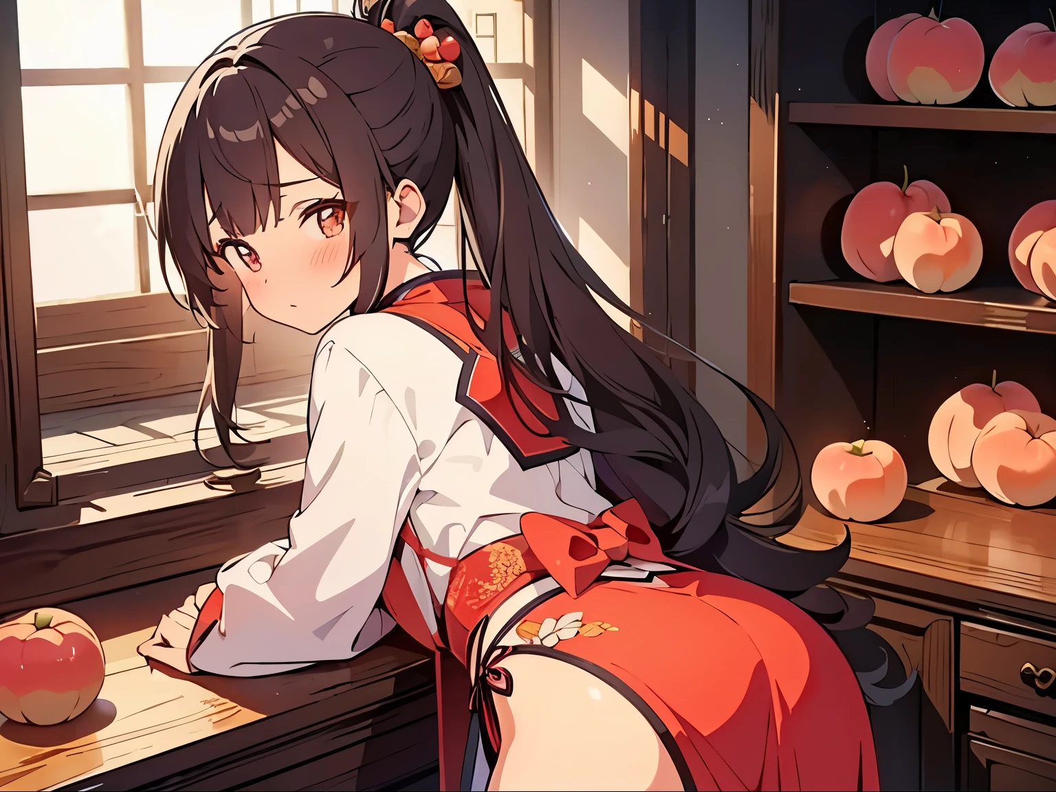 masterpiece, best quality, extremely detailed, anime, girl, hermit, chinese immortal clothes ,lots of peaches, cute butt, indoors, blush,from behind