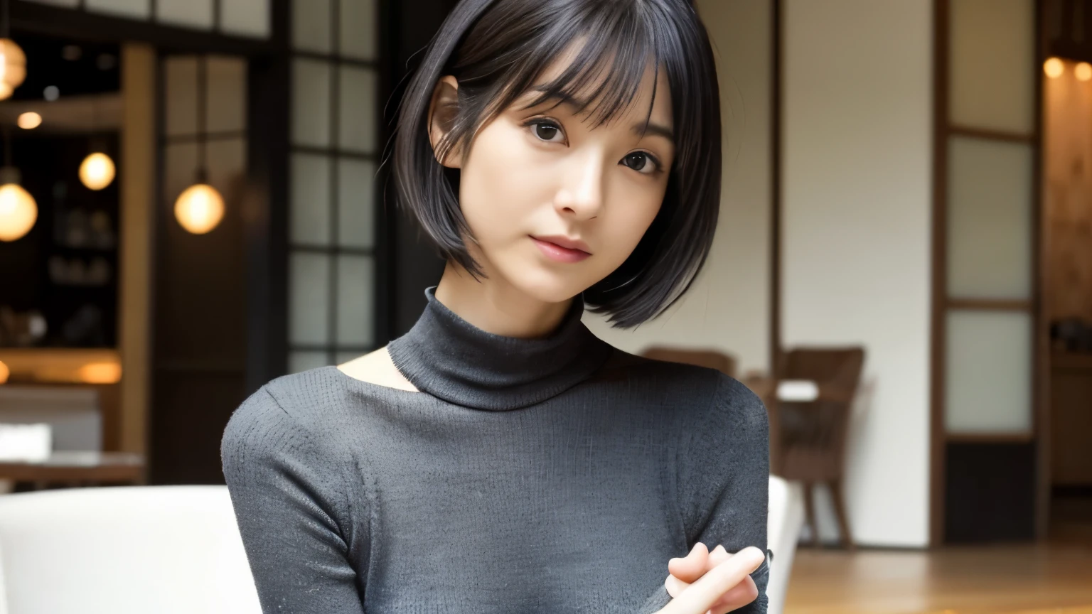 japanese woman, 30 years old, slender body shape, small breasts, very thin waist, beautiful face, beautiful eyes, black short hair, wearing a tight, short gray knit dress, sitting at a stylish cafe, I look back at you gently, 1 girl, alone, detailed face and eyes, small fingers and arms. full body photo. realistic, realistic.