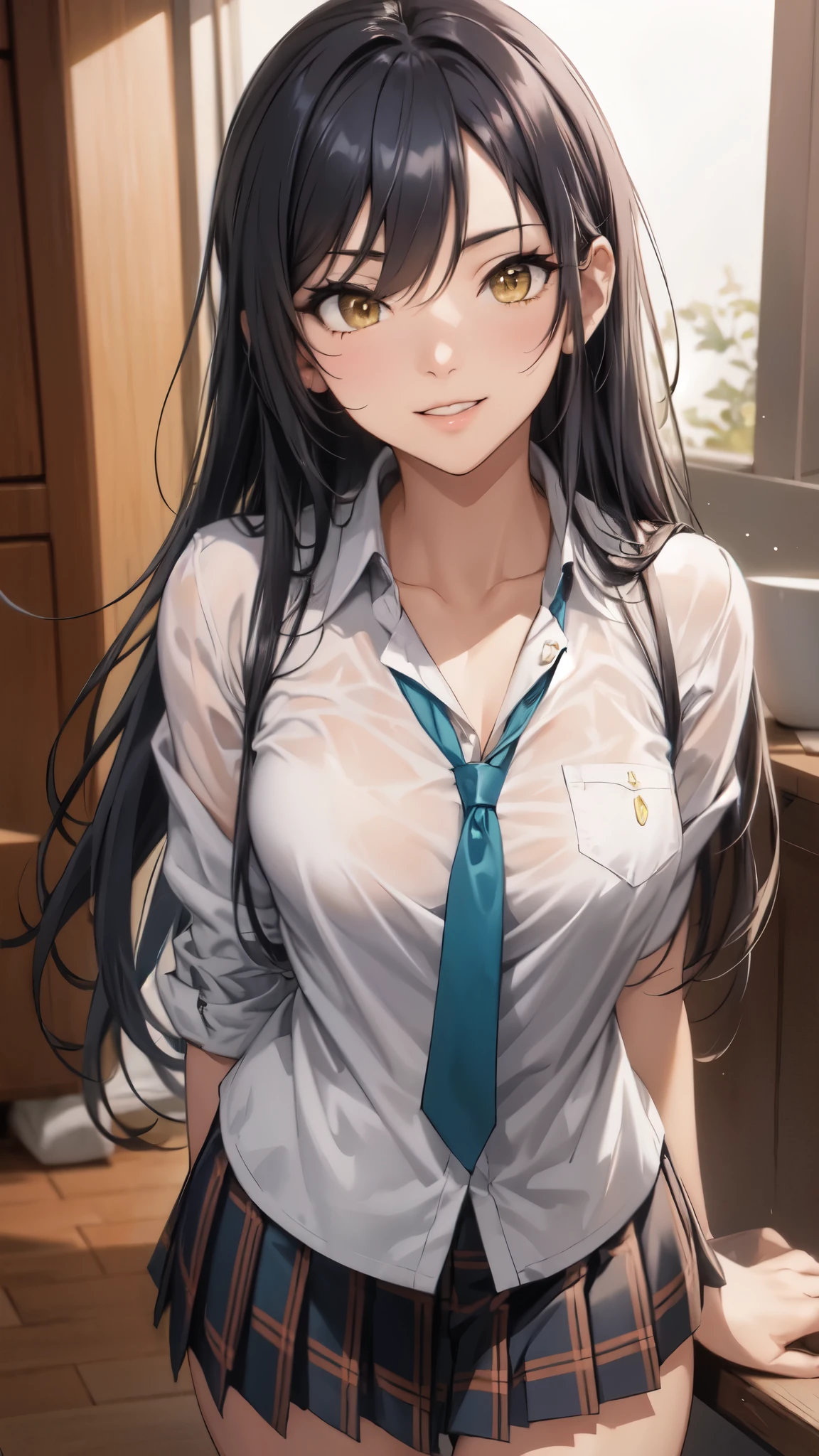 sakuyashirase, sakuya shirase, black hair, hair between eyes, long hair, ponytail, (yellow eyes:1.5),
break collarbone, (green tie), green skirt, tie, open collar, plaid, (plaid skirt, pleated skirt), shirt, skirt, (white shirt),
break looking at viewer, full body,(smile),
break indoors, classroom,
break (masterpiece:1.2), highest quality, High resolution, unity 8k wallpaper, (figure:0.8),vivid color, (detailed and beautiful eyes:1.4), highly detailed face, perfect lighting, Very detailed CG, (perfect hands, perfect anatomy),(Aesthetic Anime Eyes)