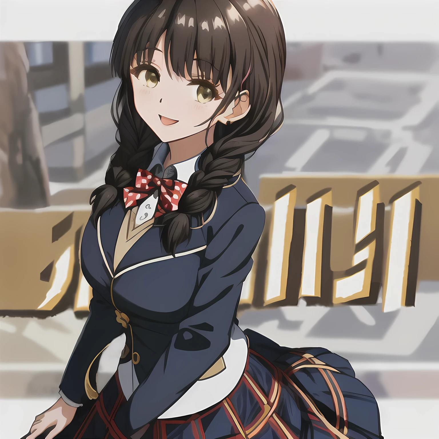 highest quality, (masterpiece:1.2), High resolution, perfect pixel, A very beautiful woman stands tall, 16 years old, ((girly large deep blue glossy silk Japanese school ribbon bow tie)), (((a pair of dark brown tightly braids hair style))), ((((dark blue & deep navy colored tartan checkered long skirt)))), ((A formal dark blue blazer with a golden emblem on the left chest that feels like cloth.)), Watching the viewer and laughing, pity the viewers, the skirt is so cute