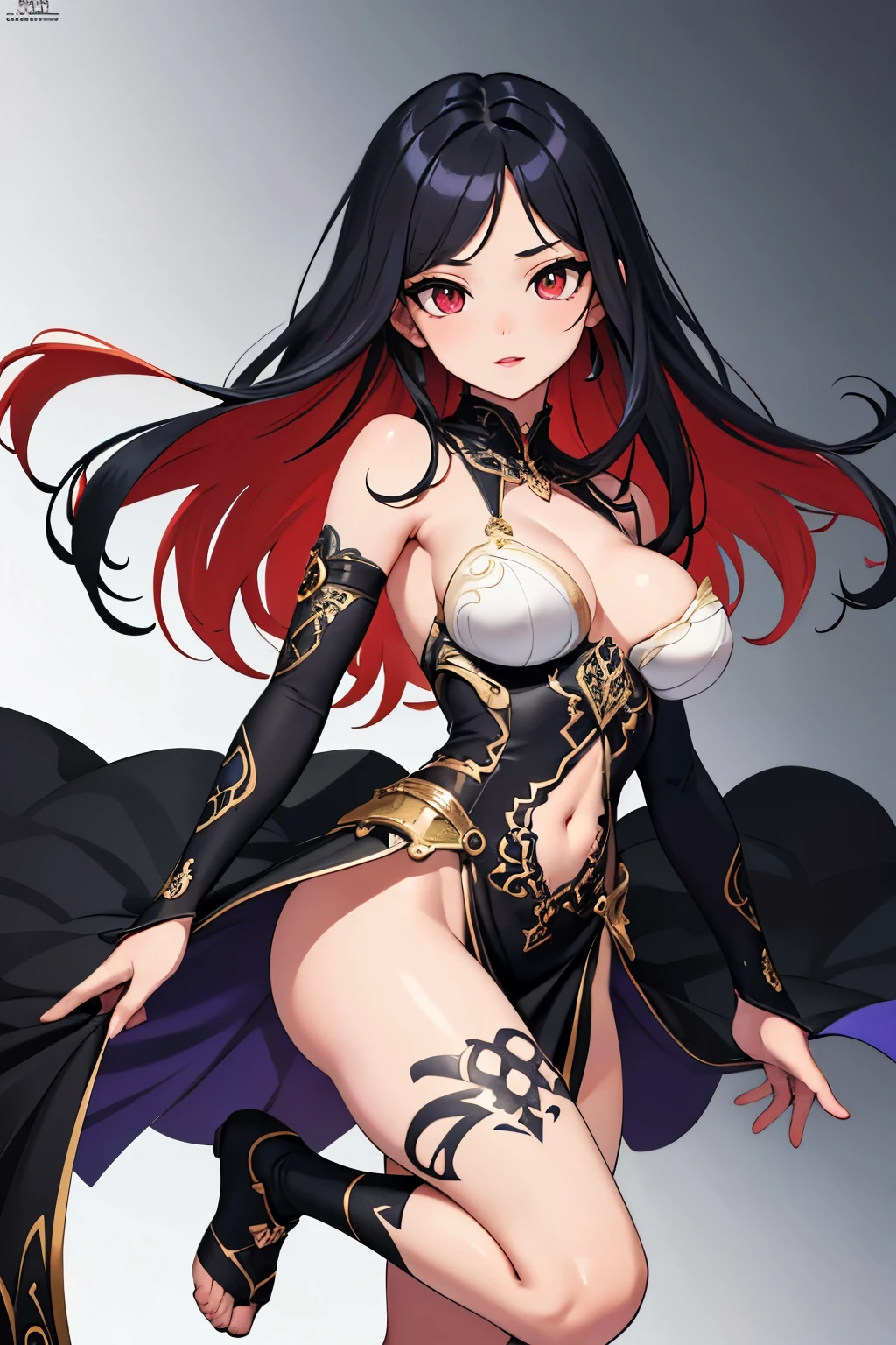1girl, anime, cute girl, blank background, white background, fantasy, detailed fantasy dress with highlights, beautiful face, beautiful eyes, dark colors, black hair with multicolor streaks, red eye with different color pupil in eye, multicolor eye, medium small breasts (slightly big), slight cleavage, beautiful skin, cute, breast curtains, extremely delicate and beautiful, (beautiful detailed face:1.0), (detailed deep eyes), symmetrical breasts, deep eyes, shiny skin, portrait, slender waist, hips wider than shoulders, thighs, expressionless, young girl, luminous eyes, adorable,(Kpop idol),(aegyo sal:1),(Platinum blonde hair:1),((puffy eye)),Black panty,sexy posture,Superskirt, ultra high resolution,Black collar,slim figure, Abdominal y tattoo, womb tattoo,Tight-fitting leg ring,y tattoo on half-body,Bare skin, Armored hand,Hidden fingertips,Hand covered,Arm covered,Fist covered,{{beautiful detailed fingers}}, tufts of hair, moderate beautiful breast:1.0,(masterpiece:1.2), best quality, high-res, HDR, perfect face, intricate armor, delicate blue filigree, intricate filigree, red metalic parts, detailed part, dynamic pose, dynamic lights,