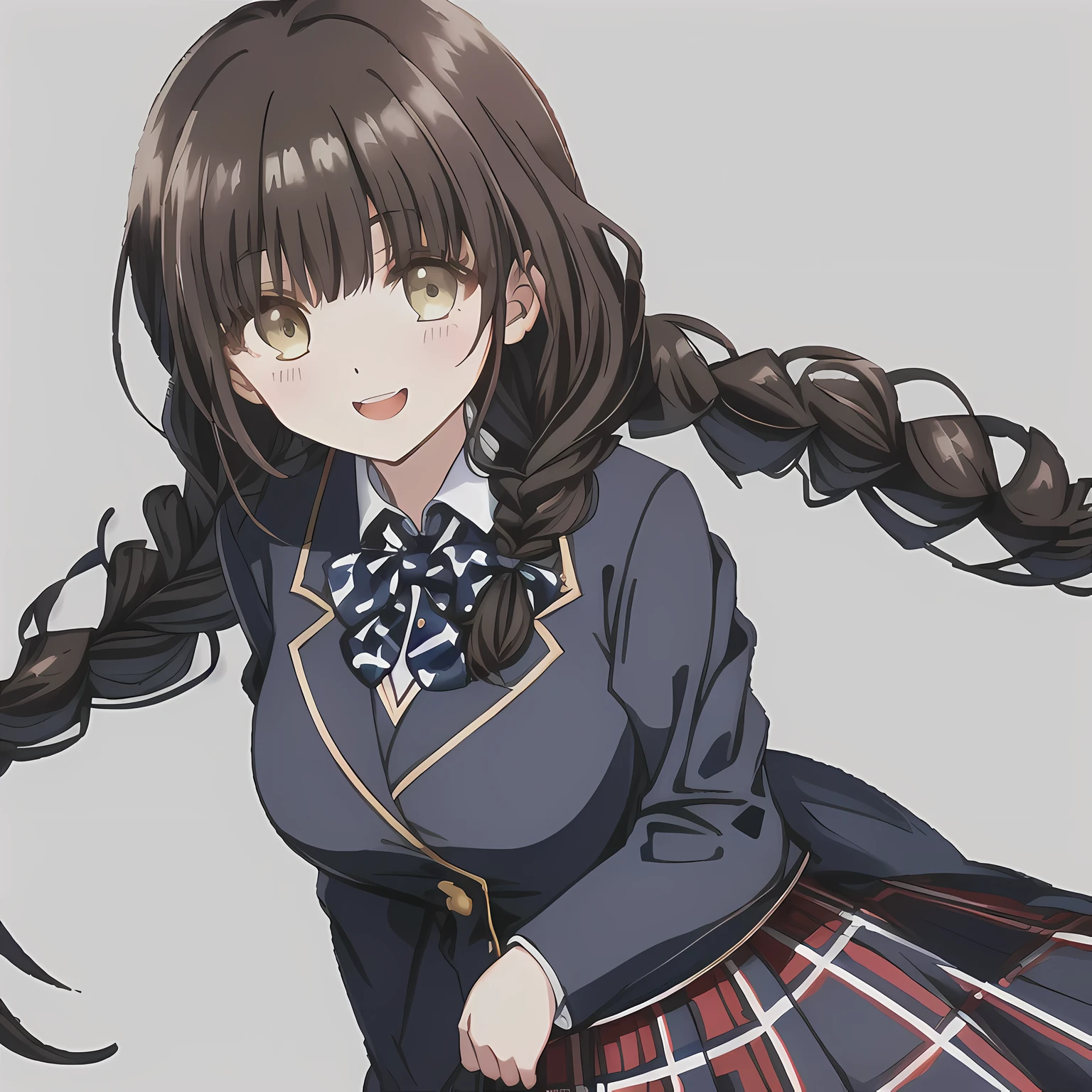 highest quality, (masterpiece:1.2), High resolution, perfect pixel, A very beautiful woman stands tall, 16 years old, ((girly large deep blue glossy silk Japanese school ribbon bow tie)), (((a pair of dark brown tightly braids hair style))), ((((dark blue & deep navy colored tartan checkered long skirt)))), ((A formal dark blue blazer with a golden emblem on the left chest that feels like cloth.)), Watching the viewer and laughing, pity the viewers, the skirt is so cute