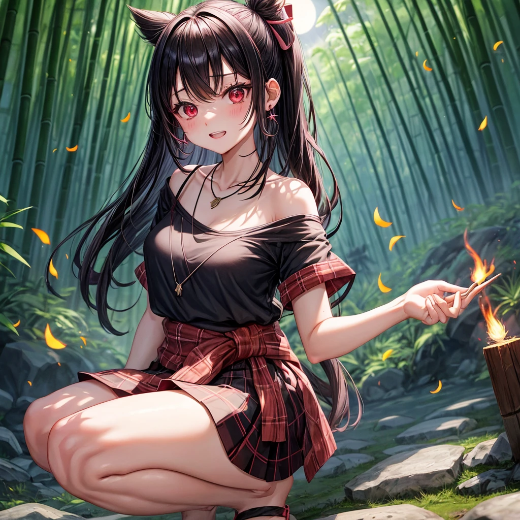 Pink-black hair、red eyes、one good looking girl、solo、anime、plaid mini skirt、black camisole、black t-shirt、kimono、wearing a ribbon、ribbon at waist、stone slabs are piled up、crystal earrings、jewelry necklace、Light and shadow、clock、petal、tilting one&#39;s face、teeth are visible、fire spirit、Cube、bamboo forest、squatting down、moonlight、Fireflies are flying、back to back