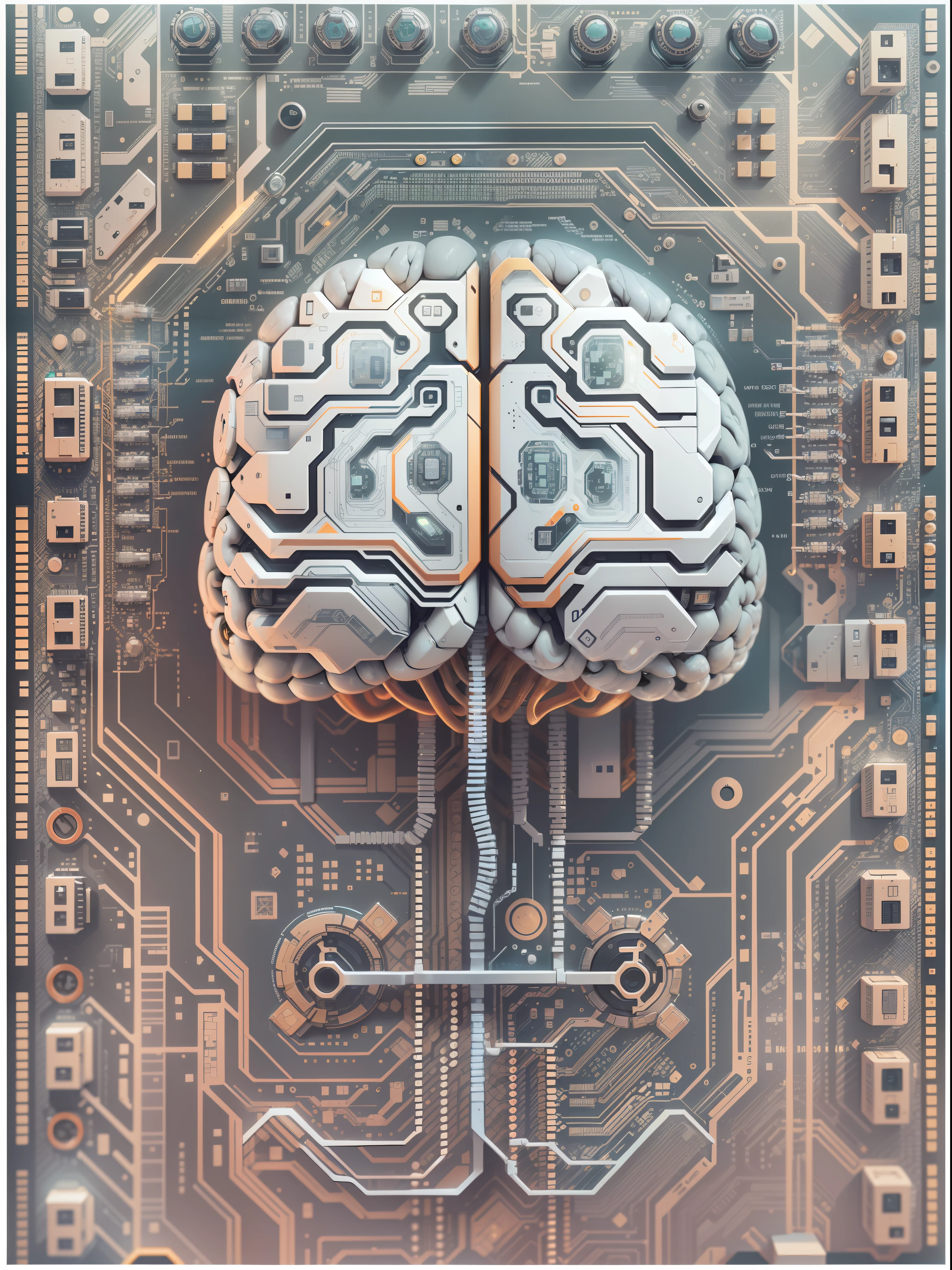 A human brain consisting of a circuit board and a pattern representing AI word processing, sci-fi style,white background,using opaque translucent and transparent structures, clear layers between structures,volumetric light, rich details, organic connection of components, rich colors