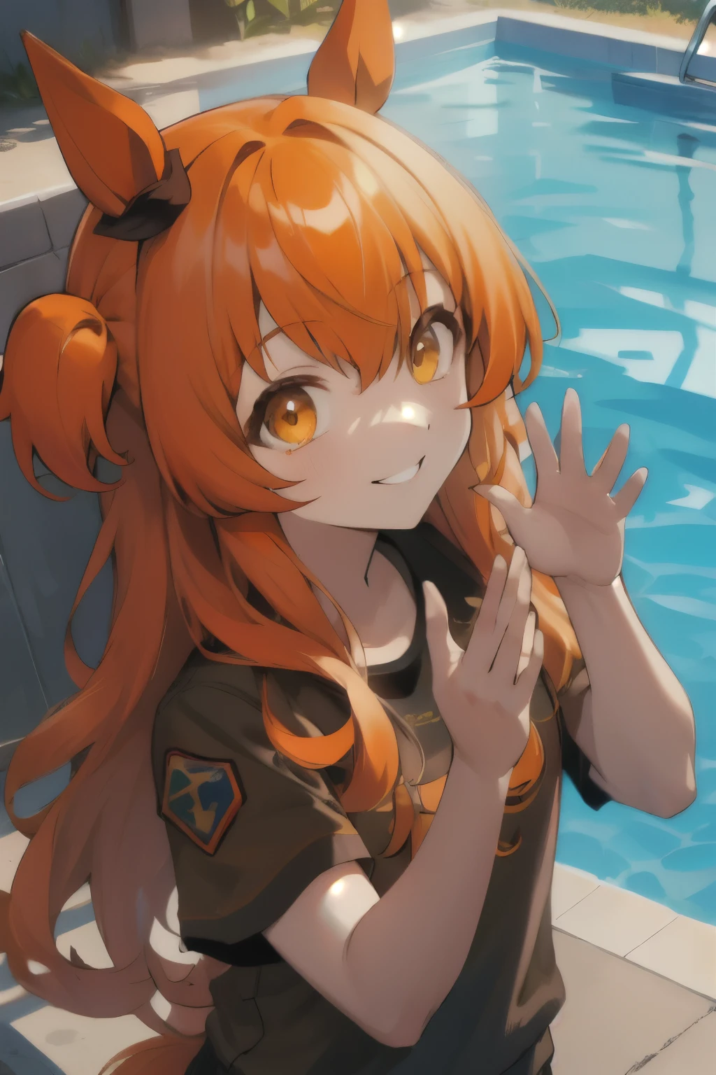 mayano top gun\(Umamusume\), super detailed face, masterpiece, highest quality, pool, light smile, wave hands