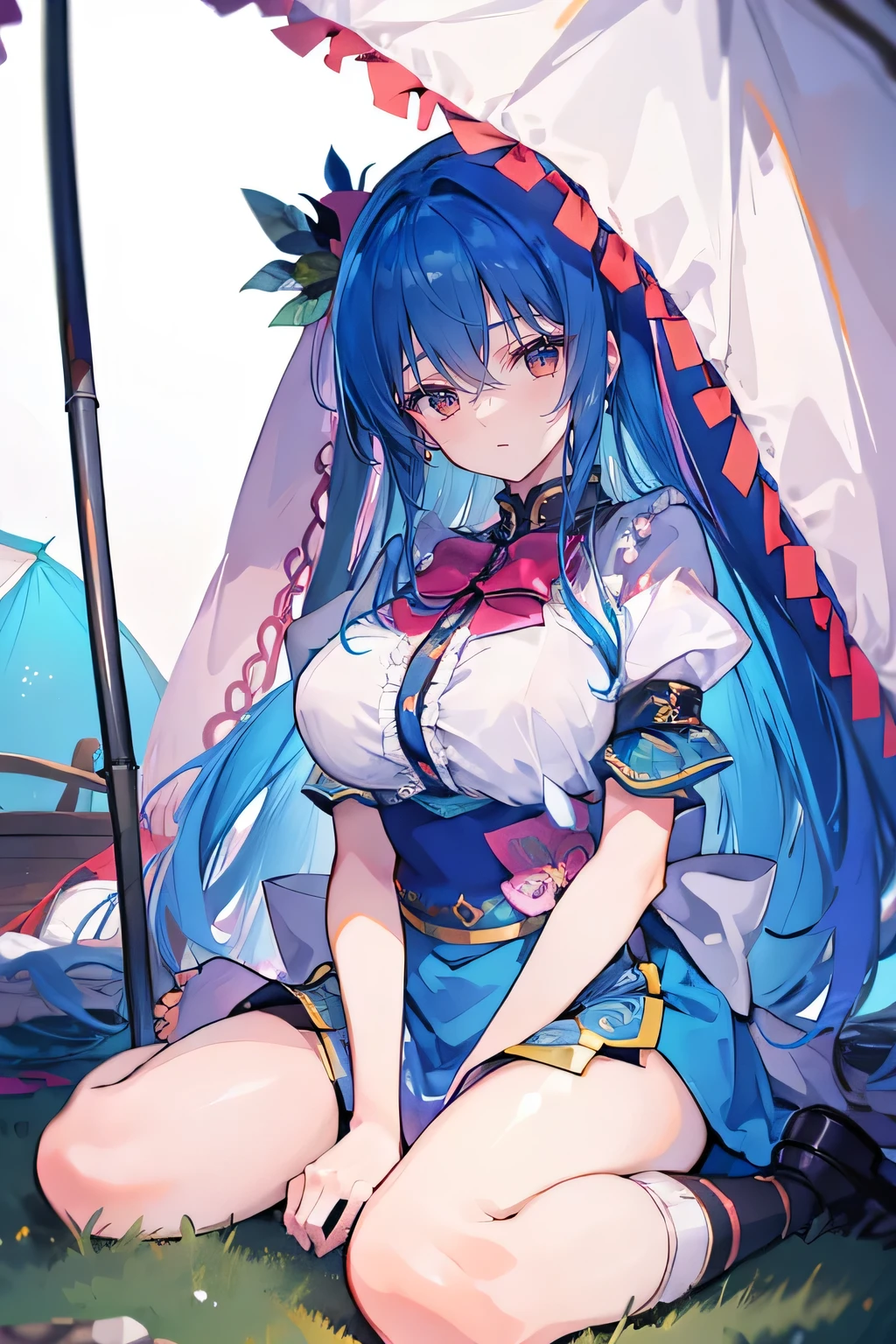 (masterpiece),best quality, expressive eyes, perfect face,sit, sit on ground, Legs on the ground, 1girl,
Big breasts, H cup, Good breasts, Put your hands on your waist,fair, Gorgeous,Japanese cartoons,girl,lola,Hina Angel, blue hair, blue haired,tent , tent chest, tent breast, floating clothes