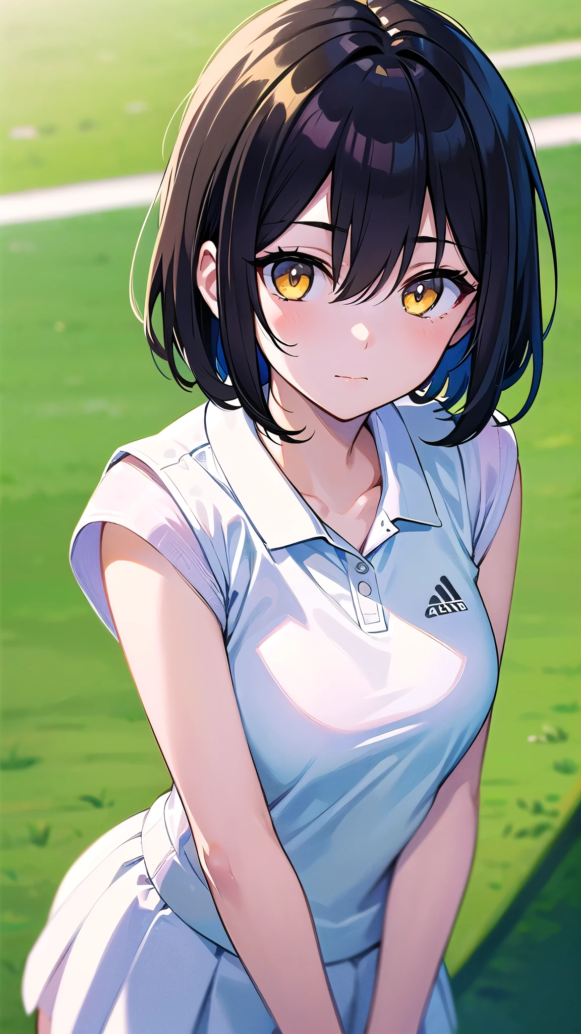 (masterpiece), (highest quality), (Super detailed), (beautiful illustrations), (pretty girl), 1 girl, front, looking at the camera, From above, Upper body, to close range, black hair, short hair, bangs, hair between eyes, beautiful hair, かき上げたbangs, yellow eyes, shining eyes, 16 years old, white tennis wear, 