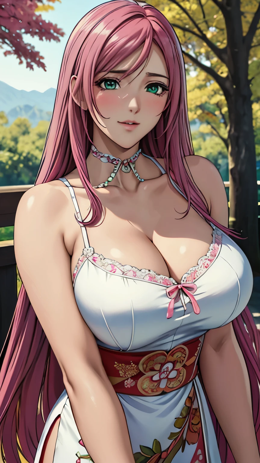 green eyes, (highest quality, masterpiece painting:1.3), immature woman, , (half body shot), masterpiece, ultra high resolution, (Photoreal:1.0), pink hair、straight hair, beautiful shining hair, white and shining skin, ((Ultra realistic details)), octane rendering, highly detailed face, (big breasts:0.8),(sexy and cute cheongsam,red and white contrast outfit,delicate decoration:1.2), open neckline, (necklace:1.0),cleavage, perfect body, soft skin, anime face, perfect face, perfect eyes, looking at the viewer, smart, Under autumn leaves tree background, Autumn leaf petals are falling, outdoors,shrine, sharp focus, intricate details, professional artwork, (bright colors:1.1), bright colors, diffused lighting, digital blending, ultra-definition body, ultra detail hair, super detailed face, that&#39;It&#39;s trending on pixiv, top button open, Cute gaze, compensate, perfect lips, perfect compensate, Ultra-precision coating, (light_smile:0.8), (Very embarrassed:1.2), blush your nose,