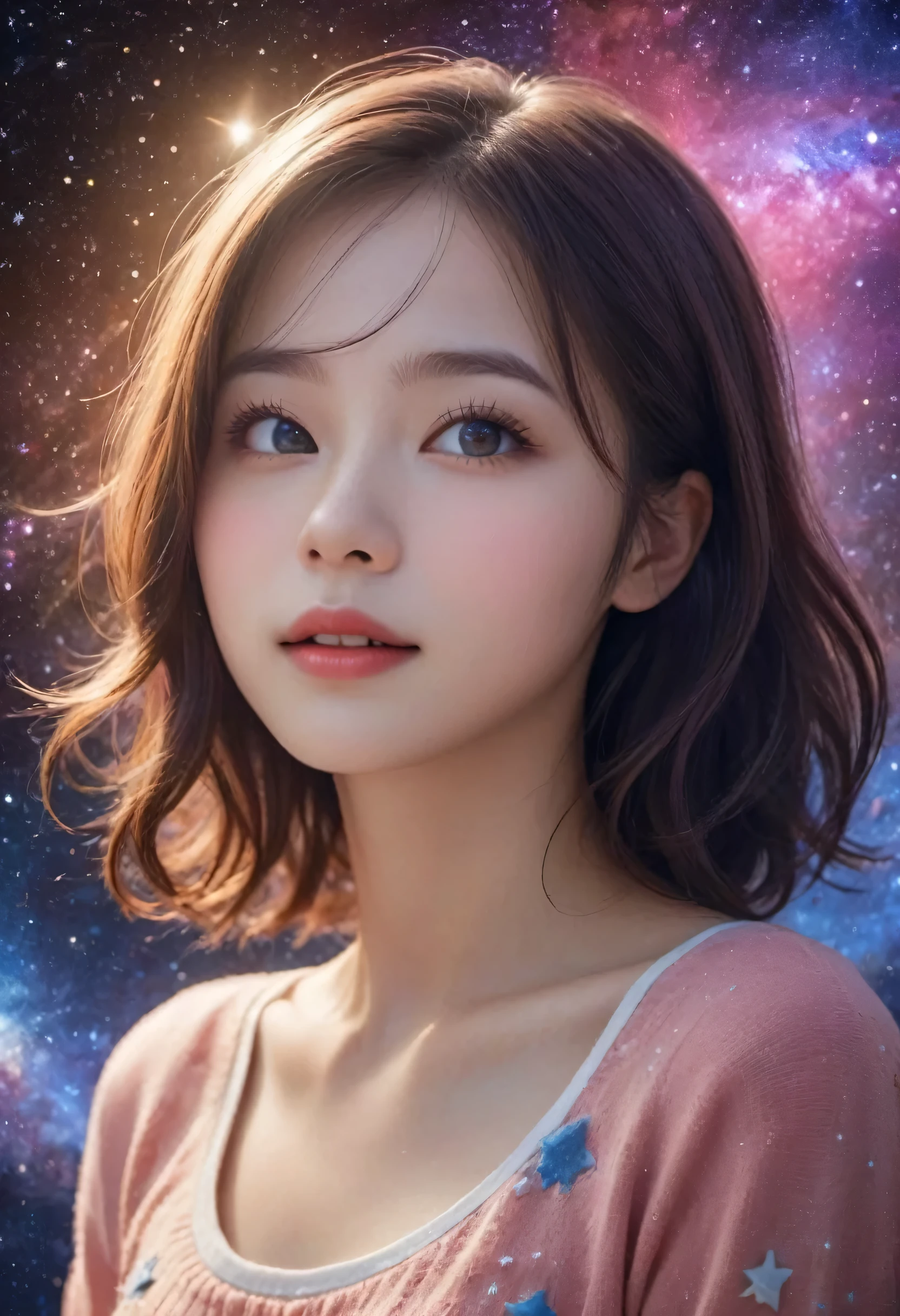 high detail, Super detailed, ultra high resolution, A girl enjoying time in the dream galaxy, surrounded by stars, The warm light that falls on her, The background is a starry sky with colorful galaxies and galactic clouds, stars are flying around her, delicate face, Add a playful atmosphere , 