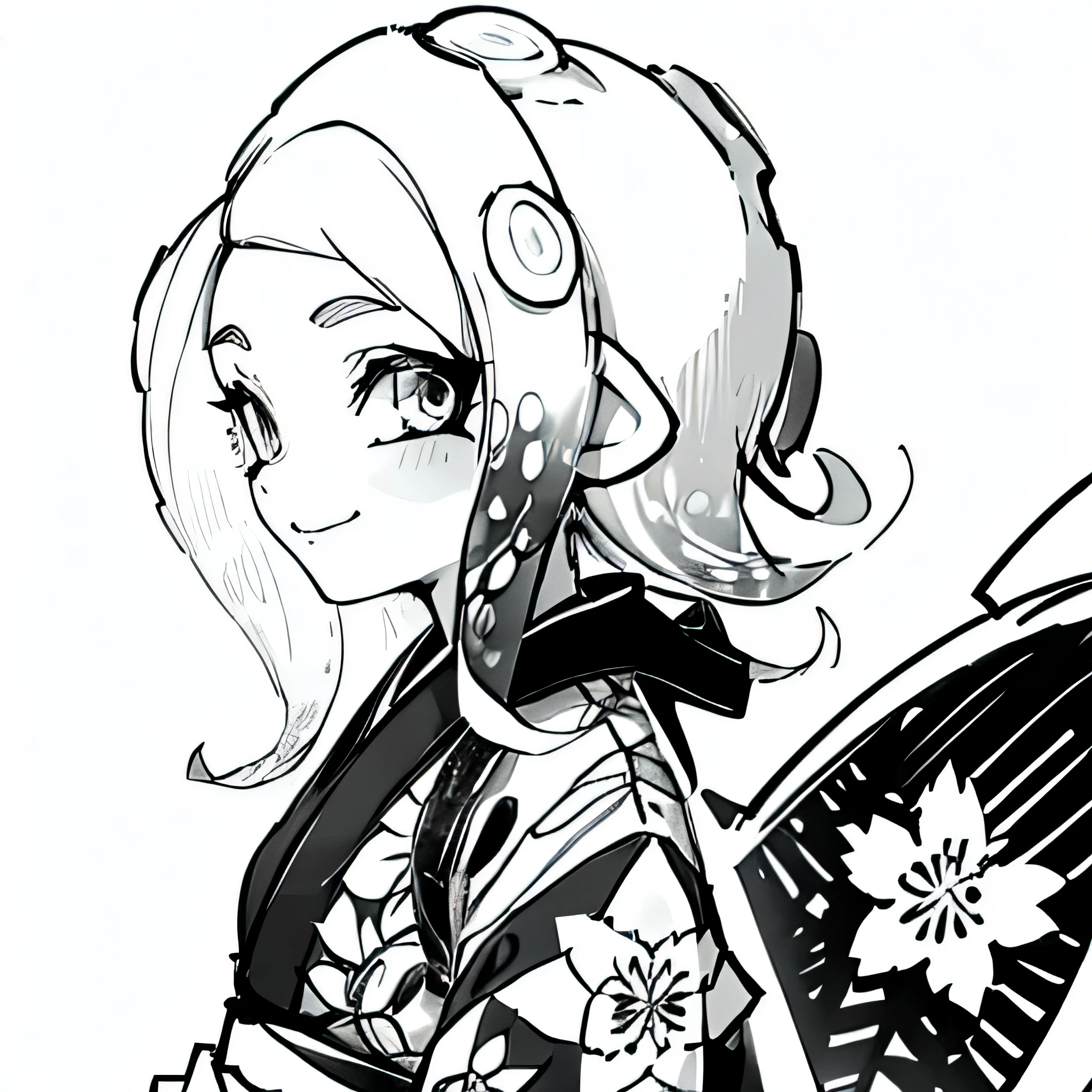 one girl,Splatoon,smile,side angle,black and white,kimono,seiza,No background