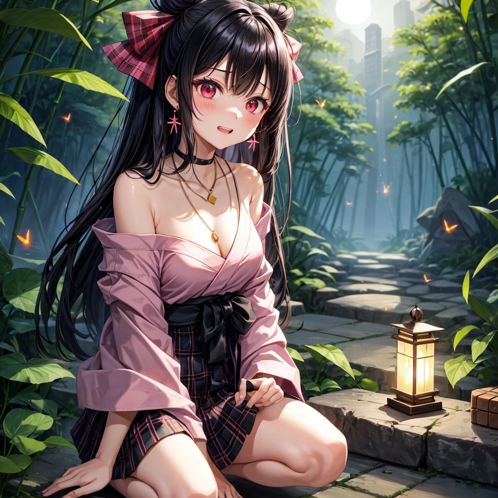 Pink-black hair、red eyes、two good looking girls、solo、anime、plaid mini skirt、black camisole、black t-shirt、kimono、wearing a ribbon、ribbon at waist、stone slabs are piled up、crystal earrings、jewelry necklace、Light and shadow、clock、petal、tilting one's face、teeth are visible、fire spirit、Cube、bamboo forest、squatting down、moonlight、Fireflies are flying、back to back