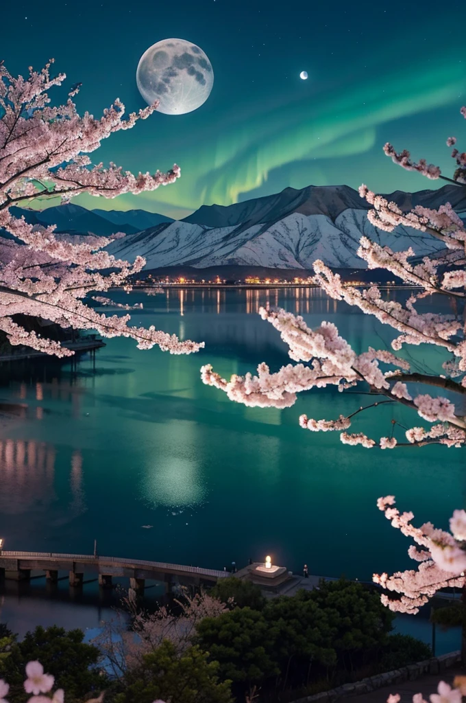 Night view and night cherry blossoms、And the aurora and the moon