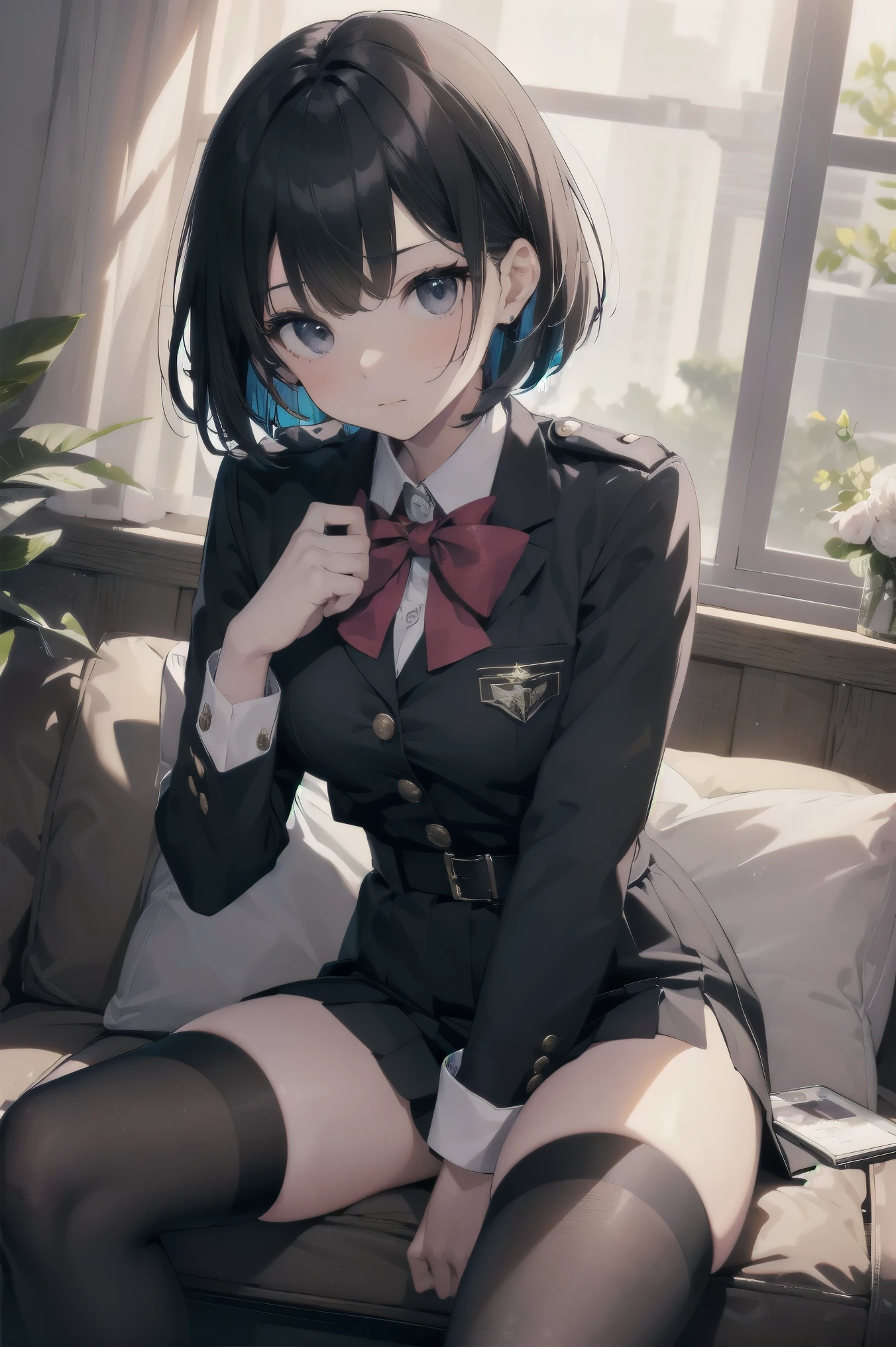 High quality、highest quality、complete limbs、Ultra high definition、vivid colors、full finger、black eyes、bob cut、slender beauty、wearing knee highs、Shorts are visible under the uniform skirt、surprised