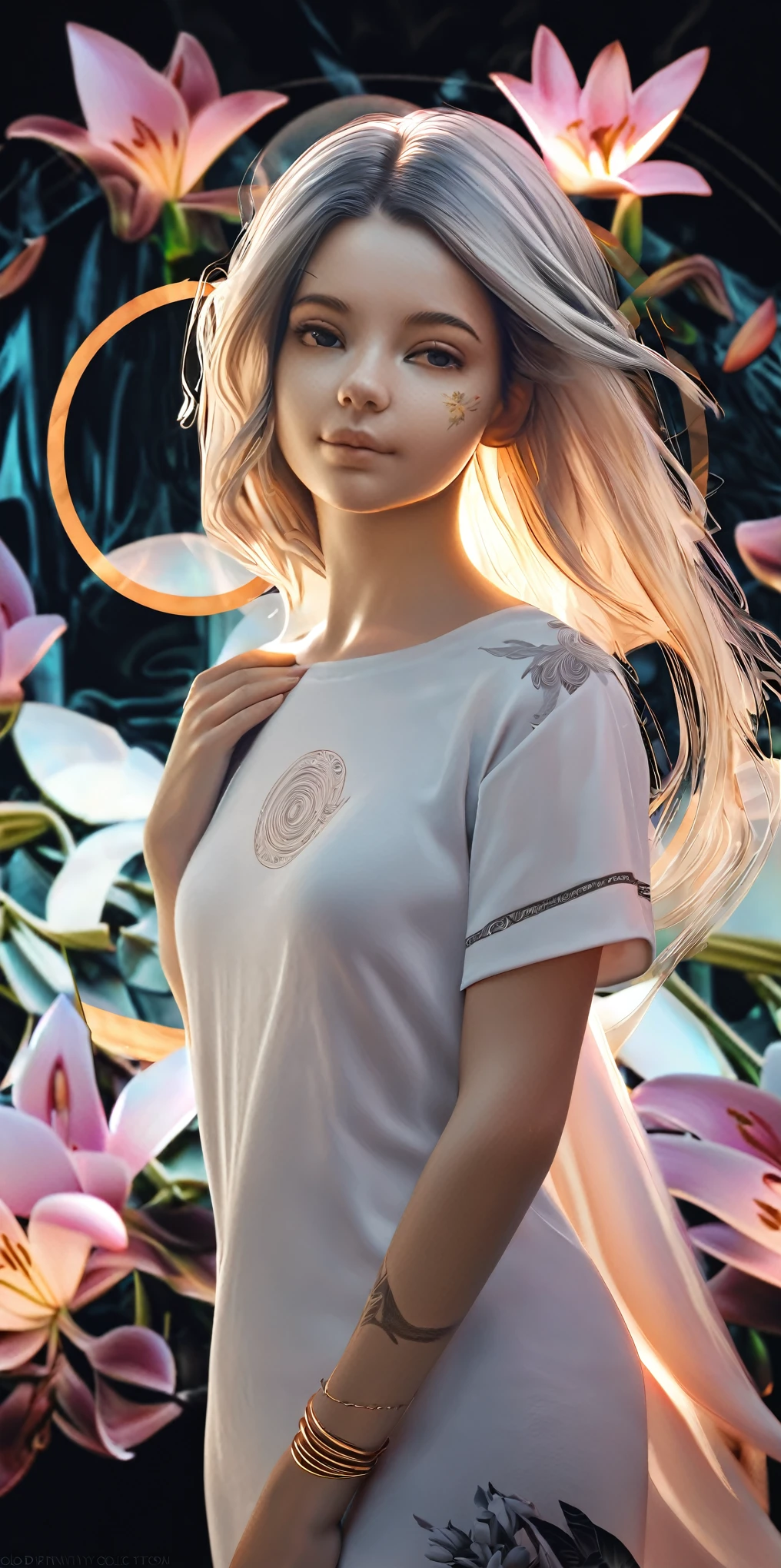 ((1 girl - solo, full length, waist-length, loose - relaxed pose, standing)), ((masterpiece, best quality: 1.3), (ultra detail: 1.3), (best quality, high resolution, photo realistic: 1.37)). ((Orange, pink, white, and green details), (girl, in flower-T tattoos, starry sky-white hair), (dark hair, shoulder length, long hair), (elegant body, dark stylish T-shirt , tech clothes: 1.1), (beautiful hands in jewelry bracelets, tattoos, (Rockstar)). ((Calm look, relaxed pose, standing)). ((Abstract background with lines and circles), (Technical background - abstraction), (high-tech), (many flowers - lilies), (flowers look amazing), mostly in light colors: (white, blue, yellow, gold)).((Best quality), (surrealism: 1.3), (masterpiece: 1.2) , (fantasy: 1.2, surrealism: 1.3), ((High resolution, sharp image), (best quality: 1.37), (realistic 3D visualization), (adjustments, soft light-shadow, flooded sunlight, contrast shadows – cold tones, warm soft light)). (Technical background - abstraction), (modern style, HD detail, cinematic, surrealism, Deep focus, ray tracing, Diffusion)).