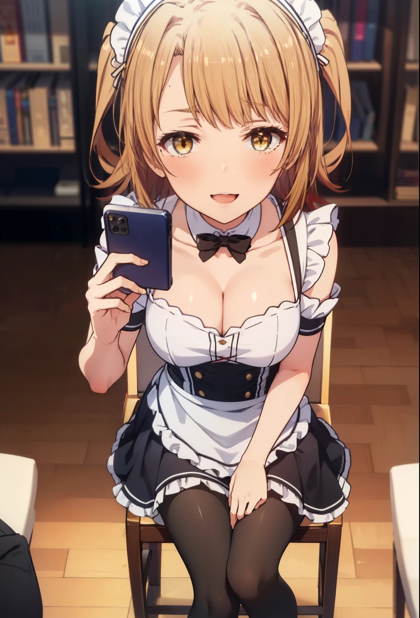 irohaisshiki, iroha isshiki, long hair, brown hair, (brown eyes:1.5), take a selfie from above your head,With his left hand, he spreads the collar of his shirt and shows his cleavage.,Smile, smile, open your mouth,short braided hair,ponytail,blush,smile,Maid clothes,Medium chest,she was wearing a miniskirt, black pantyhose, sitting cross-legged on a chair,So that the whole body goes into the illustration,
break indoors, coffee shop,
break looking at viewer,
break (masterpiece:1.2), highest quality, High resolution, unity 8k wallpaper, (shape:0.8), (fine and beautiful eyes:1.6), highly detailed face, perfect lighting, Very detailed CG, (perfect hands, perfect anatomy),