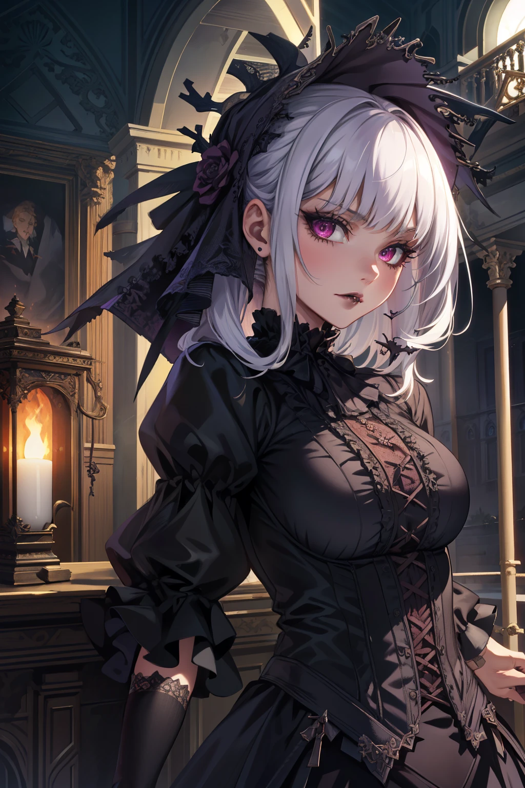 ((masterpiece)), ((best quality)), perfect detailed eyes, perfect detailed face, navy hair, medium hair, forehead jewel, hollow eyes, hoop earrings, makeup, turn pale, white skin, shaded, Baroque, cinematic lighting, high quality, accurate, 8k, Vampire, gothic ta style dress, dark blue dress, bats in the background, dark fantasy, horror, Candlelight on a dark night, old castle, abandoned castle, spider web in the background