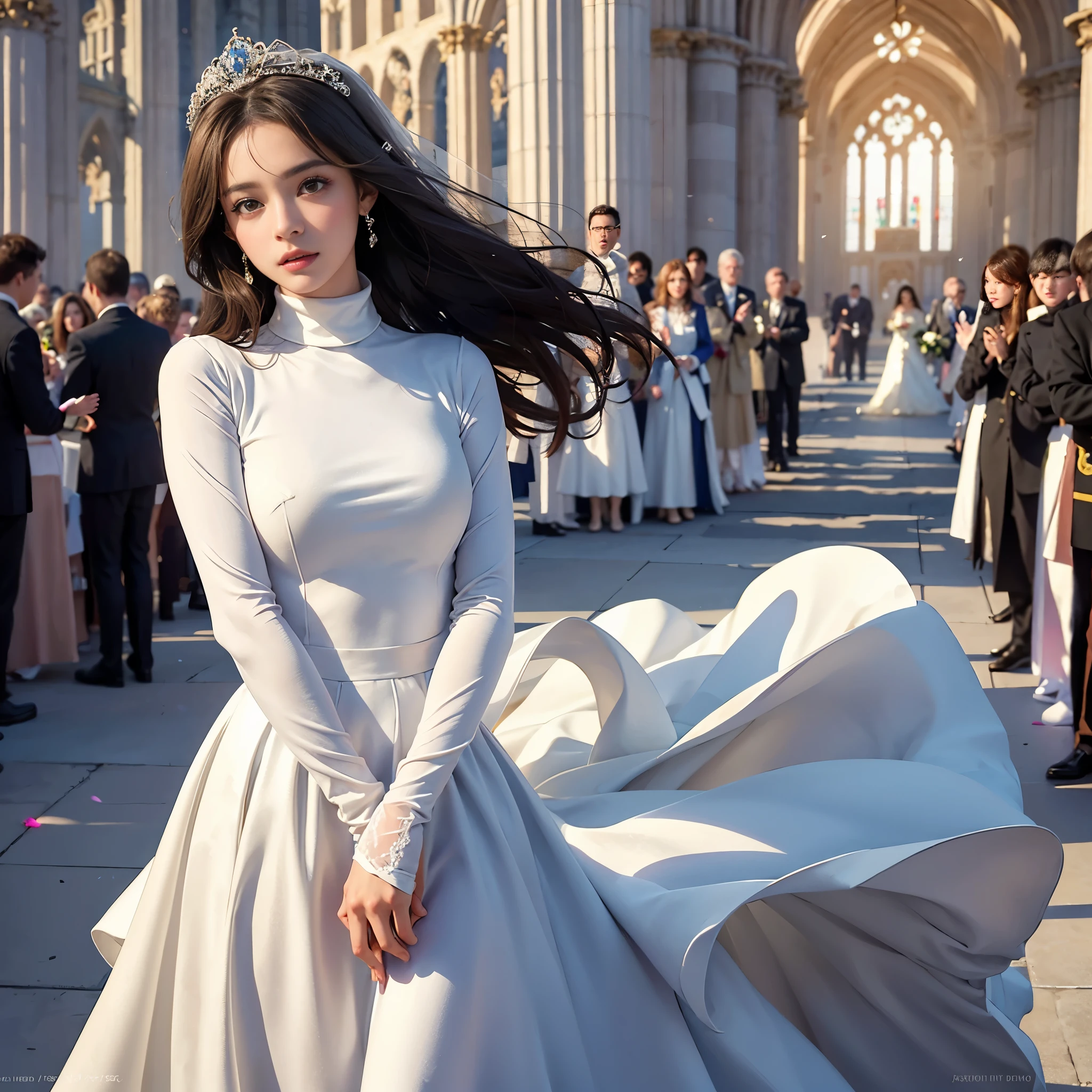 best quality, masterpiece, 1 girl, (yak), cute teen, shiny lips, sweet, sun glare, Conservative attire, turtleneck wedding dress, bridal tiara, depth of field, blurred background, Cathedral Background, light particles, strong wind, head tilt, long hair, 