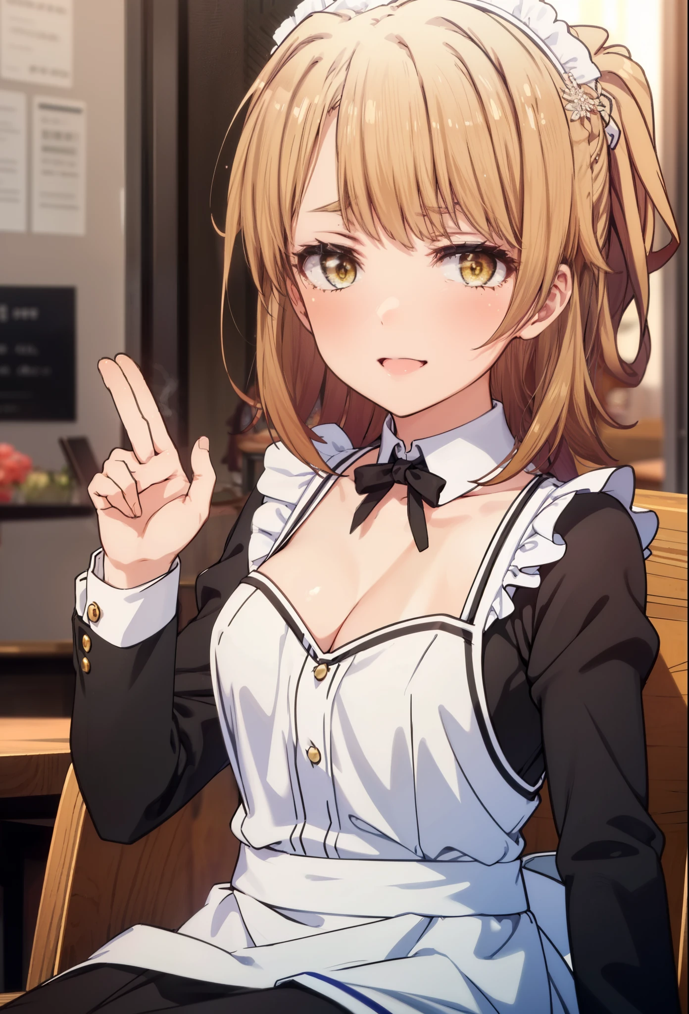 irohaisshiki, iroha isshiki, long hair, brown hair, (brown eyes:1.5), Raise your right hand above your head before taking a selfie,With his left hand, he spreads the collar of his shirt and shows his cleavage.,Smile, smile, open your mouth,short braided hair,ponytail,blush,smile,Maid clothes,Medium chest,she was wearing a miniskirt, black pantyhose, sitting cross-legged on a chair,So that the whole body goes into the illustration,
break indoors, coffee shop,
break looking at viewer,
break (masterpiece:1.2), highest quality, High resolution, unity 8k wallpaper, (shape:0.8), (fine and beautiful eyes:1.6), highly detailed face, perfect lighting, Very detailed CG, (perfect hands, perfect anatomy),