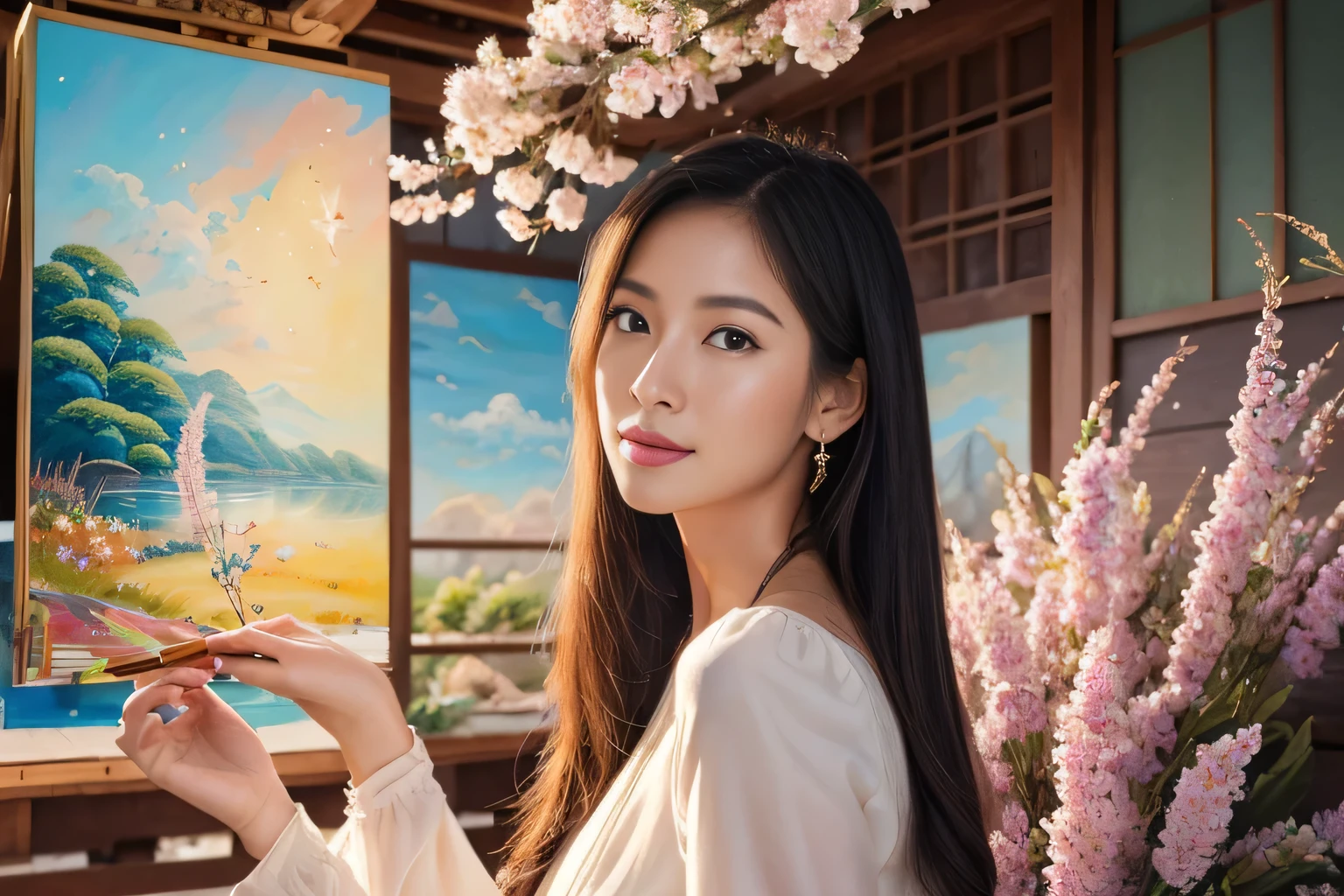 (highest quality,8K,High resolution:1.2),(beautiful realistic asian:1.5)、(cute japanese girl:1.4),(glamorous:1.4)、feather、messenger of god、Flight 、artistic background、spiral、Spiritual Light、heavenly realm、sacred place、sexy pose、realm of divine spirits、Professionalism、(beautiful paintings:1.5), a ray of light、aura、Awesome people々、treasure、(fruit、summer)、star piece above the clouds、Beautiful beauty、