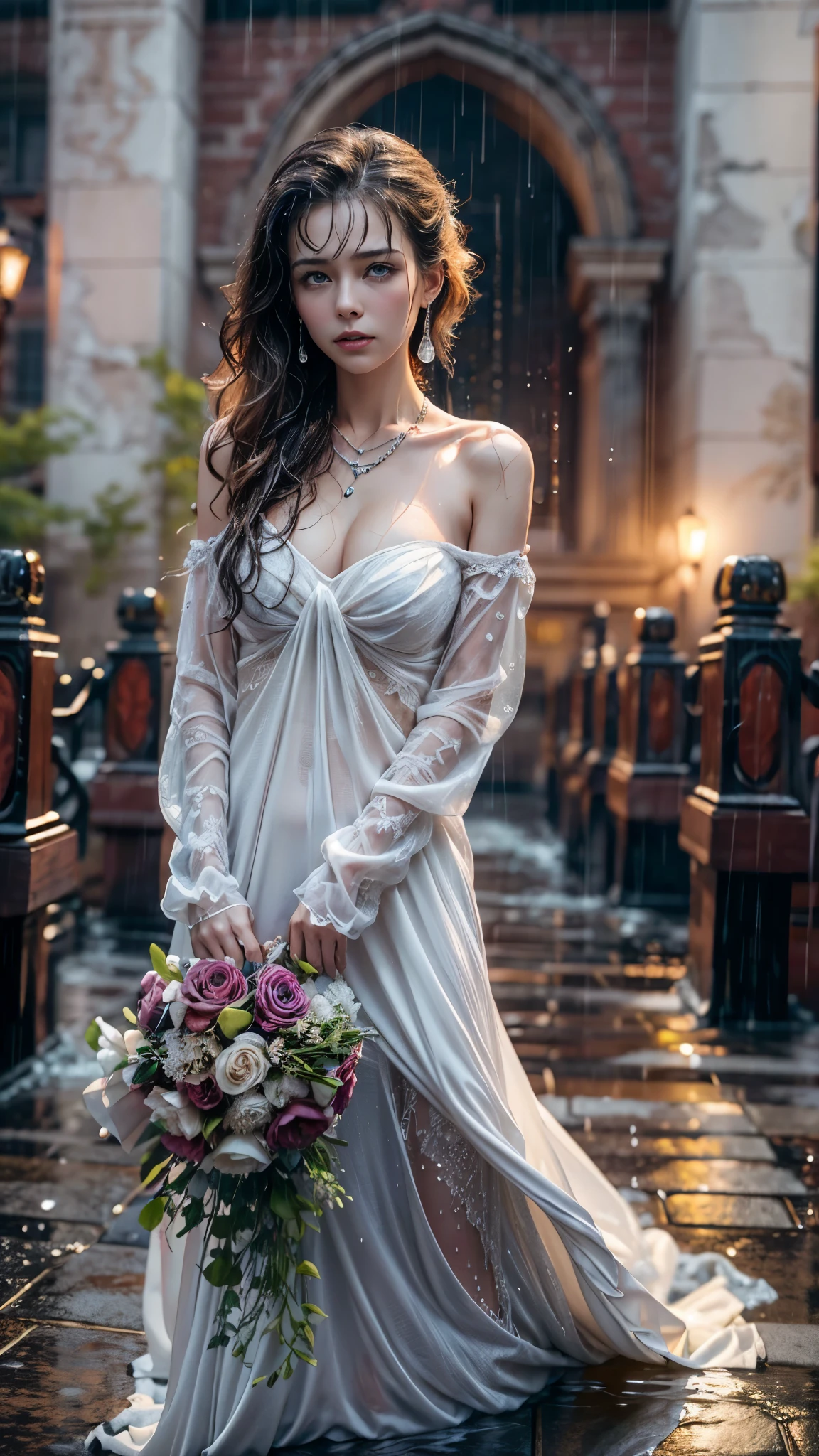 (RAW shooting, Photoreal:1.5, 8K, highest quality, masterpiece, ultra high resolution), perfect dynamic composition:1.2, (In front of a church at night in a modern city, expression of sadness:1.1, Tears are flowing:1.1, cry with a broken heart:1.1), ((((Typhoon heavy rain)))), Highly detailed skin and facial textures:1.2, Slim office lady wet in the rain:1.3, cowboy shot, Fair skin:1.2, sexy beauty:1.1, perfect style:1.2, beautiful and aesthetic:1.1, very beautiful face:1.2, water droplets on the skin, (rain drips all over my body:1.2, wet body:1.2, wet hair:1.3), (Holding a wet bouquet:1.2, wet pure white wedding dress:1.3), (Medium chest, bra is see-through, Chest gap), (Tears appear:0.7, The expression on your face when you feel intense caress, Facial expression when feeling pleasure), (beautiful blue eyes, Eyes that feel beautiful eros:0.8), (Too erotic:0.9, Bewitching:0.9), necklace, earrings, bracelet