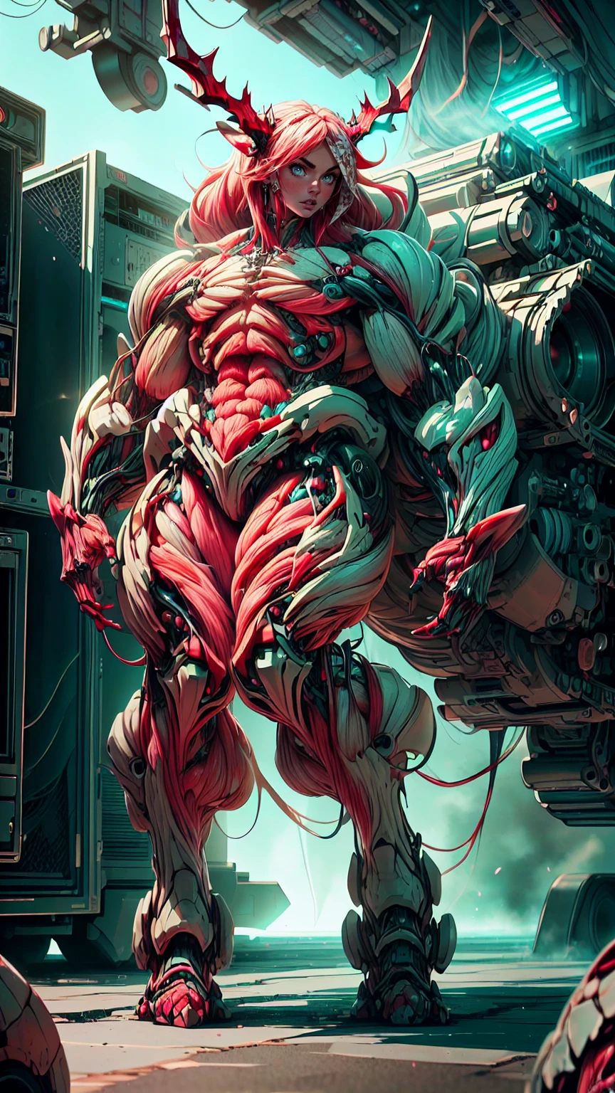 Cinematic, clear facial features and insanely detailed, the image captures the essence of (1 girl), (megan fox:1.25), (long red hair), (carnage skinless bio-mecha:1.25), (1 super muscular undead skinless succubus with gigantic horns:1.25), (covered in red necrotic skinless bio-mecha muscle:1.25), (exposed muscles & veins everywhere:1.25), (perfect fingers:1.25) (full body pose:1.25). The color grading is beautifully done, enhancing the overall cinematic feel. Unreal Engine makes her appearance even more mesmerizing. With depth of field (DOF), every detail is focused and accentuated, drawing attention to her eyes and hair. Peak image resolution utilizing super-resolution technology ensures pixel perfection. Cinematic lighting enhances her aura, while anti-aliasing techniques like FXAA and TXAA keep the edges smooth and clean. Adding realism to the muscular bio-mecha succubus , RTX technology enables ray tracing. Additionally, SSAO (Screen Space Ambient Occlusion) gives depth and realism to the scene, the girl's presence even more convincing. In the post-processing and post-production stages, tone mapping enhances the colors, creating a captivating visual experience. The integration of CGI (Computer-Generated Imagery) and VFX (Visual Effects brings out her demonic features seamlessly . Incredible level of detail, with intricate elements meticulously crafted, the artwork hyper maximalist and hyper-realistic. Volumetric effects add depth and dimension, with unparalleled photorealism. 8k resolution rendering ensures super detailed visuals. The volumetric lighting adds a touch of magic, highlighting her beauty and aura in an otherworldly way. High Dynamic Range (HDR) tech makes the colors pop, adding richness to the overall composition. Ultimately, this artwork presents an unreal, yet stunningly real portrayal of an incredibly beautiful bio-mecha succubus girl. The sharp focus ensures that every feature is crisply defined, creating a captivating presence. (girl face:1.45)