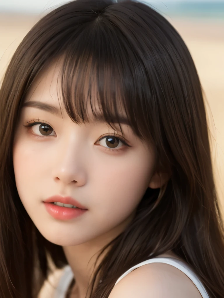 (masterpiece:1.2, highest quality), blur the background,Photographed with a wide-angle single focus lens,1 High school girl, (big boobs), close your eyes, brown hair,bright eyes,blushing face,Highly detailed face and skin texture, healthy skin,make a kissing face, (beach),4K resolution