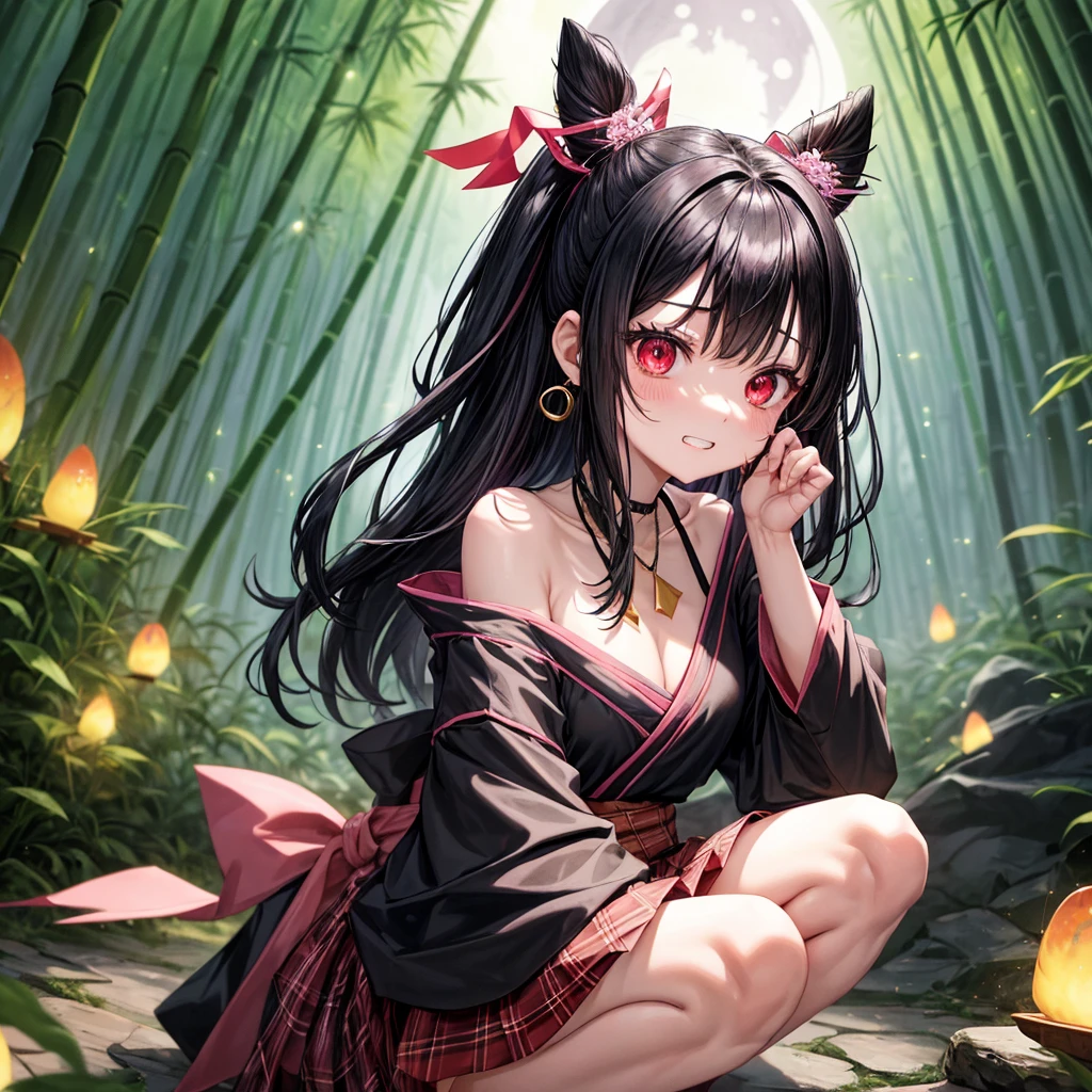 Pink-black hair、red eyes、two good looking girls、solo、anime、plaid mini skirt、black camisole、black t-shirt、kimono、wearing a ribbon、ribbon at waist、stone slabs are piled up、crystal earrings、jewelry necklace、Light and shadow、clock、petal、tilting one&#39;s face、teeth are visible、fire spirit、Cube、bamboo forest、squatting down、moonlight、Fireflies are flying、back to back