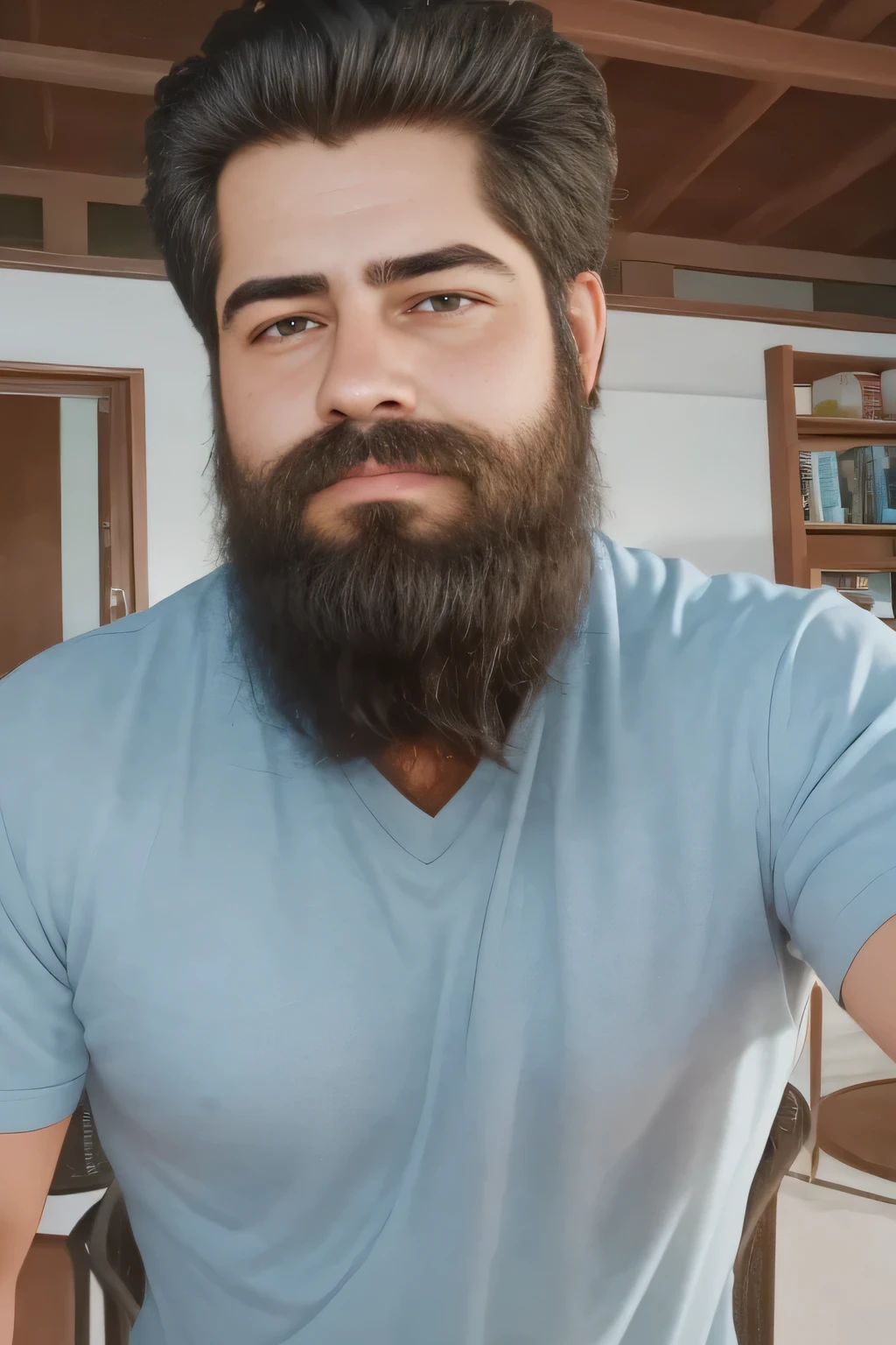 An illustration of a Greek god with a thin build and a thick beard................, designed in modern western attire................ Tiene una camisa blanca y jeans.............. His expression is confident and charming................, con un atisbo de sonrisa. The setting is a snowy mountain..............., evoking a classic cold atmosphere, sin dejar de mantener el aura poderosa y regia del dios.