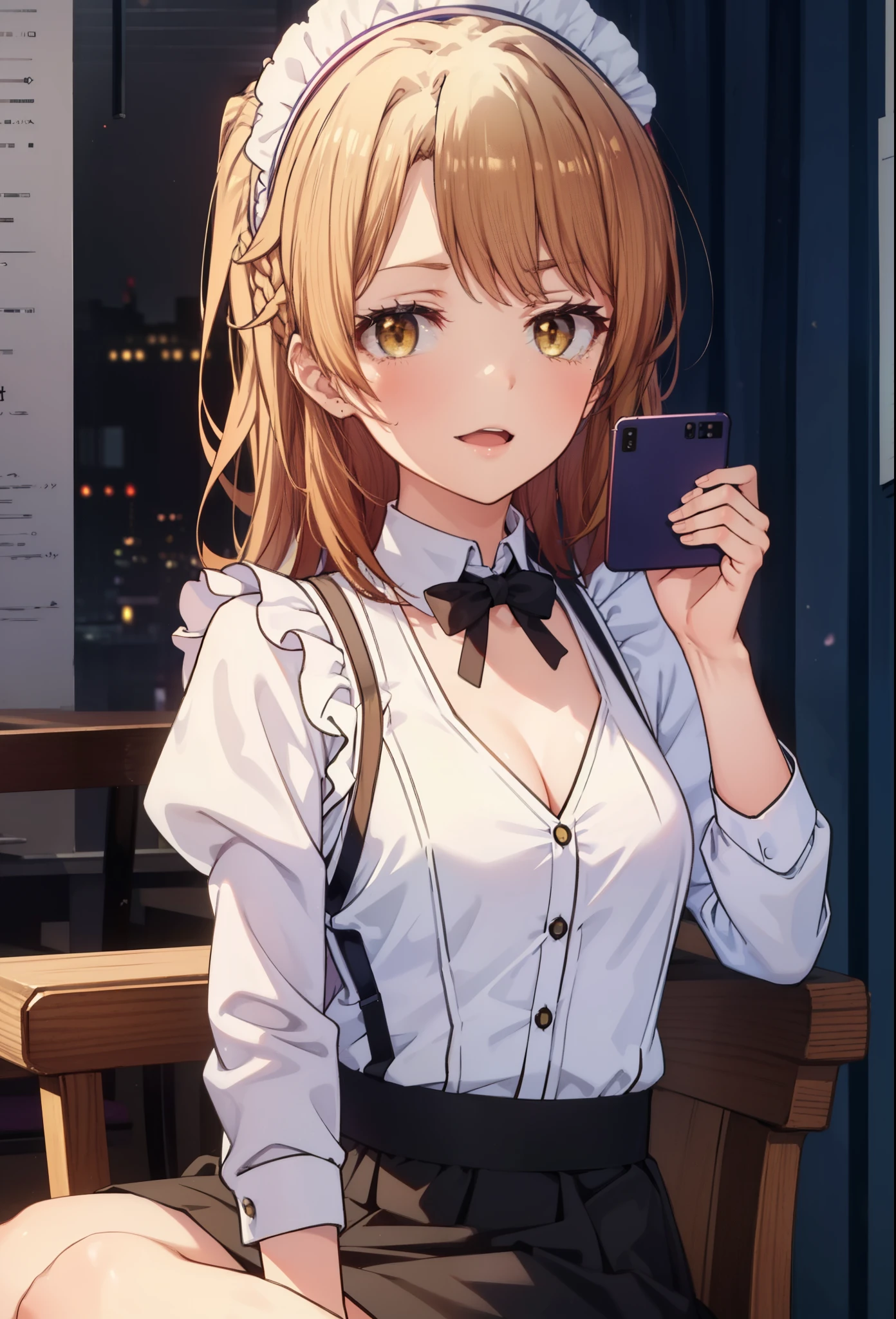 irohaisshiki, iroha isshiki, long hair, brown hair, (brown eyes:1.5), Raise your right hand above your head before taking a selfie,With his left hand, he spreads the collar of his shirt and shows his cleavage.,Smile, smile, open your mouth,short braided hair,ponytail,blush,smile,Maid clothes,Medium chest,she was wearing a miniskirt, black pantyhose, sitting cross-legged on a chair,So that the whole body goes into the illustration,
break indoors, coffee shop,
break looking at viewer,
break (masterpiece:1.2), highest quality, High resolution, unity 8k wallpaper, (shape:0.8), (fine and beautiful eyes:1.6), highly detailed face, perfect lighting, Very detailed CG, (perfect hands, perfect anatomy),