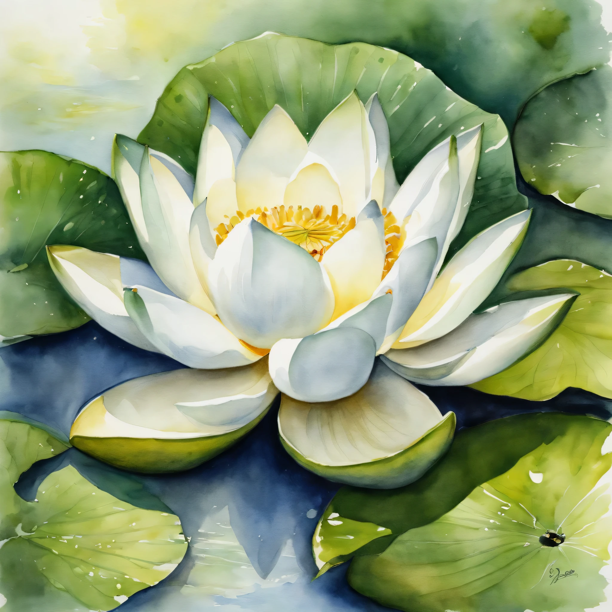 white lotus, It has green stems and leaves, on the water surface, Ink painting and watercolor painting, symmetry, god's rays, ray tracing, UHD, masterpiece, advanced details, Super detailed, high quality, 最high quality, High resolution, 16k