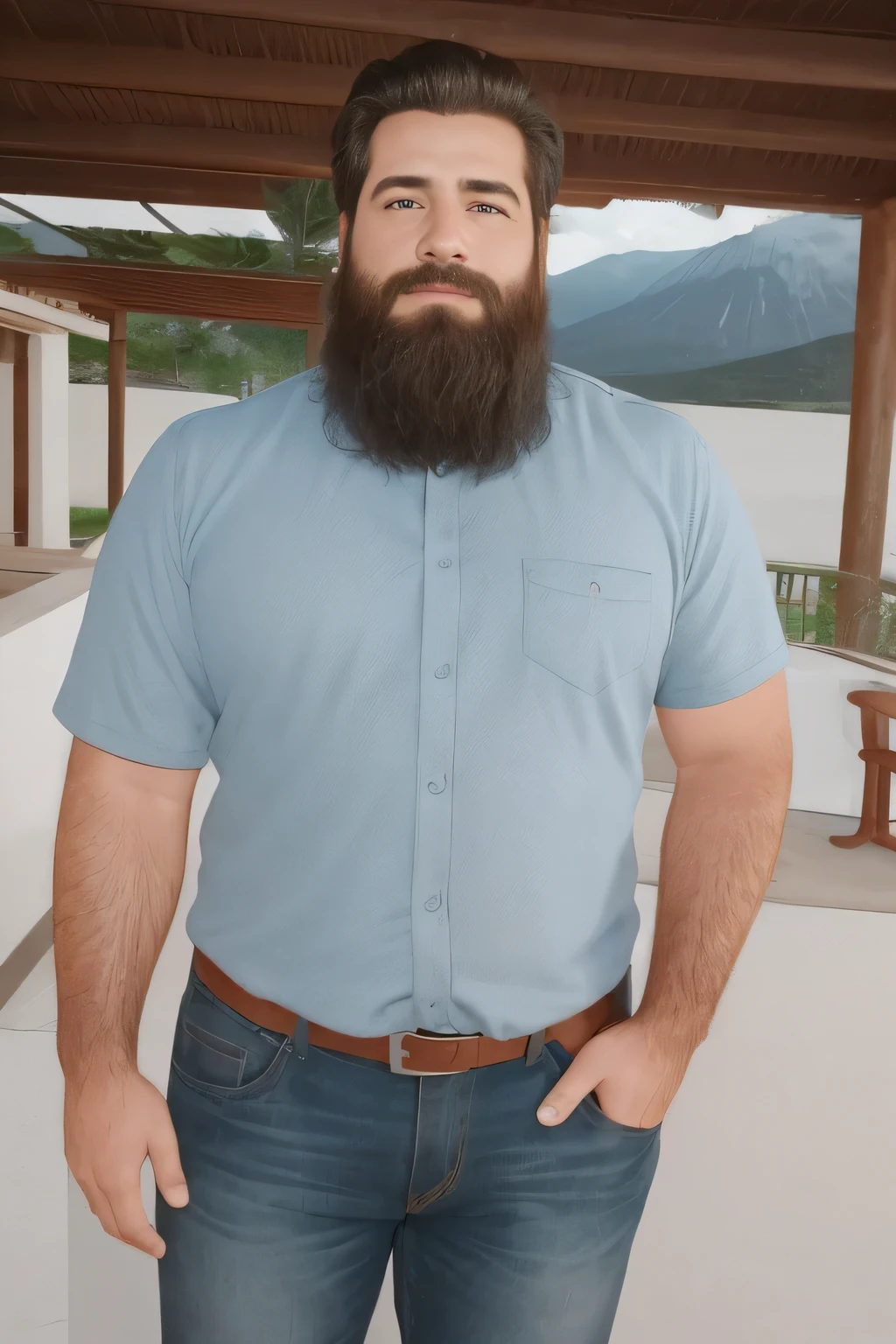 An illustration of a Greek god with a thin build and a thick beard................, designed in modern western attire................ Tiene una camisa blanca y jeans.............. His expression is confident and charming................, con un atisbo de sonrisa. The setting is a snowy mountain..............., evoking a classic cold atmosphere, sin dejar de mantener el aura poderosa y regia del dios.