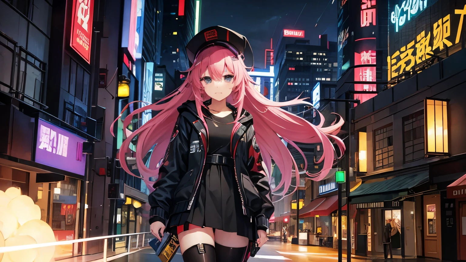 high quality、cyber punk、girl２people、mechanic、comical、anime style etc.、髪のcolorは２color、bike、leather jacket、punk coloring、city、ナイトcity、Street style、graffiti、hoodie、middle age、tall woman、military、Knee-high boots、weapons、night、二people組、teammates、The touch of the picture is black lagoon style