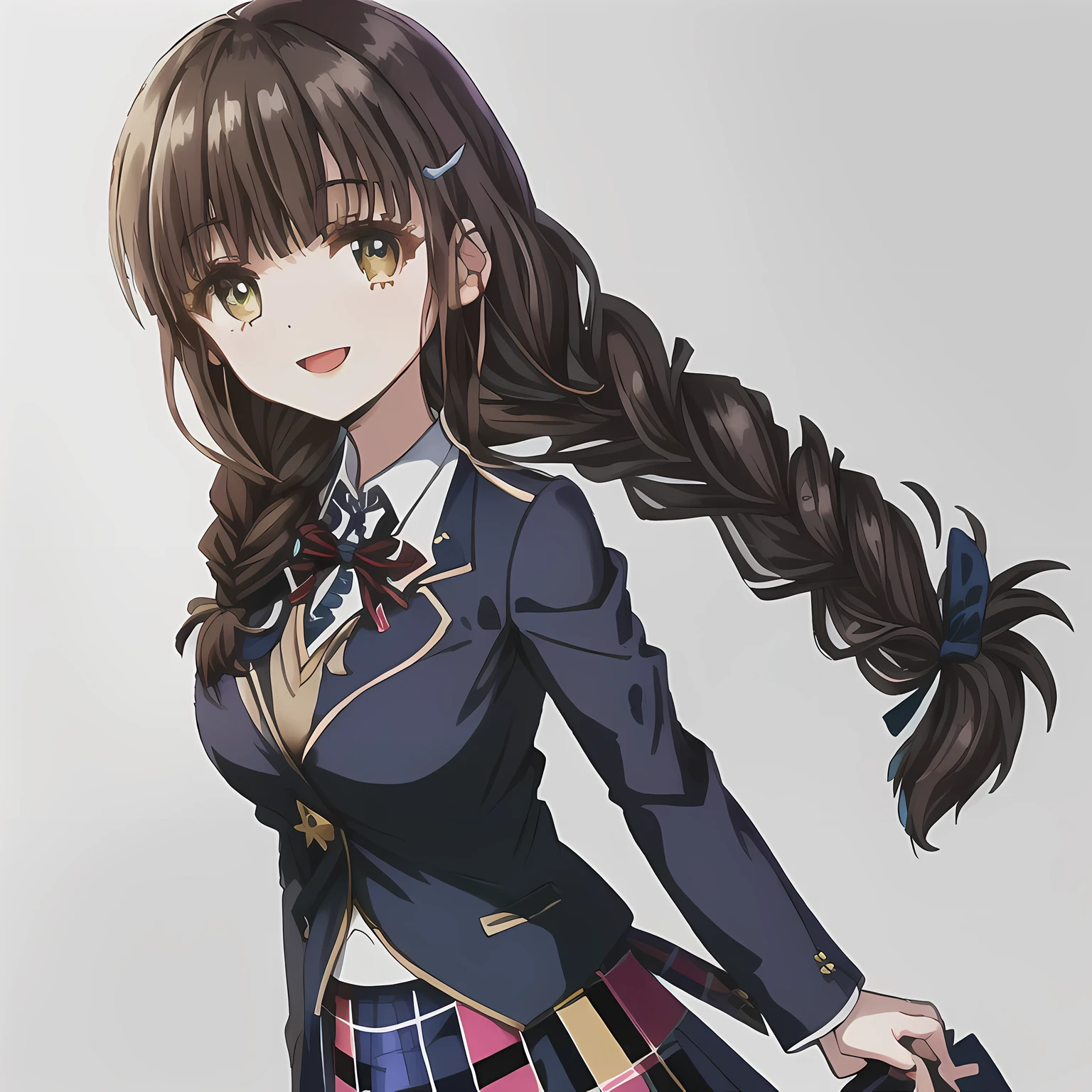 highest quality, (masterpiece:1.2), High resolution, perfect pixel, A very beautiful woman stands tall, 16 years old, ((girly large deep blue glossy silk Japanese school ribbon bow tie)), (((a pair of dark brown tightly braids hair style))), ((((dark blue & deep navy colored tartan checkered long skirt)))), ((A formal dark blue blazer with a golden emblem on the left chest that feels like cloth.)), Watching the viewer and laughing, pity the viewers, the skirt is so cute, detailed fingers