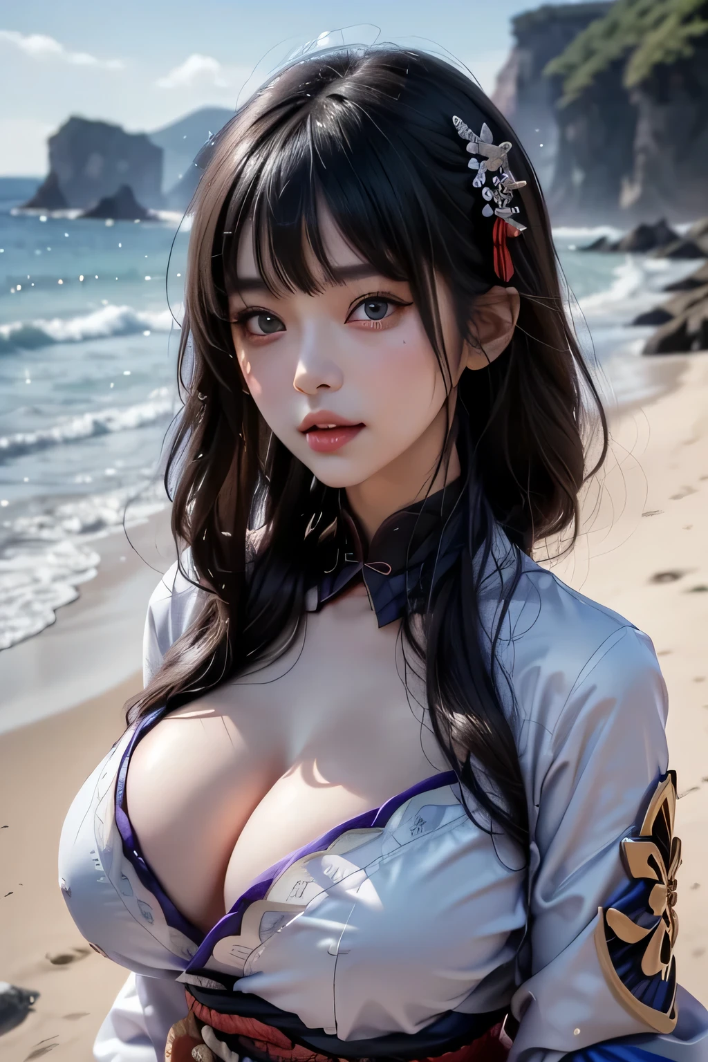 raiden_shogun,1girl, bangs, black_hair, hair_ornament, japanese_clothes, kimono, lips, long_sleeves, looking_at_viewer, obi, sash, solo, upper_body,
(RAW photo, best quality), (realistic, photo-realistic:1.3), masterpiece, an extremely delicate and beautiful, extremely detailed, CG, unity, 2k wallpaper, Amazing, finely detail, extremely detailed CG unity 8k wallpaper, huge filesize, ultra-detailed, outdoor, 1 girl, cleavage, upper body, detailed face,
beautiful detailed girl, detailed fingers, extremely detailed eyes and face, beautiful detailed nose, beautiful detailed eyes, long eyelashes, light on face, looking at viewer, (closed mouth:1.2), 1girl, cute, young, mature face, (full body:1.3), ((big breasts oversize Go out )), realistic face, realistic body, beautiful detailed thigh, sea, seaside, beach, sunlight,nude ,show tits,see pink nipple ,nude upper body