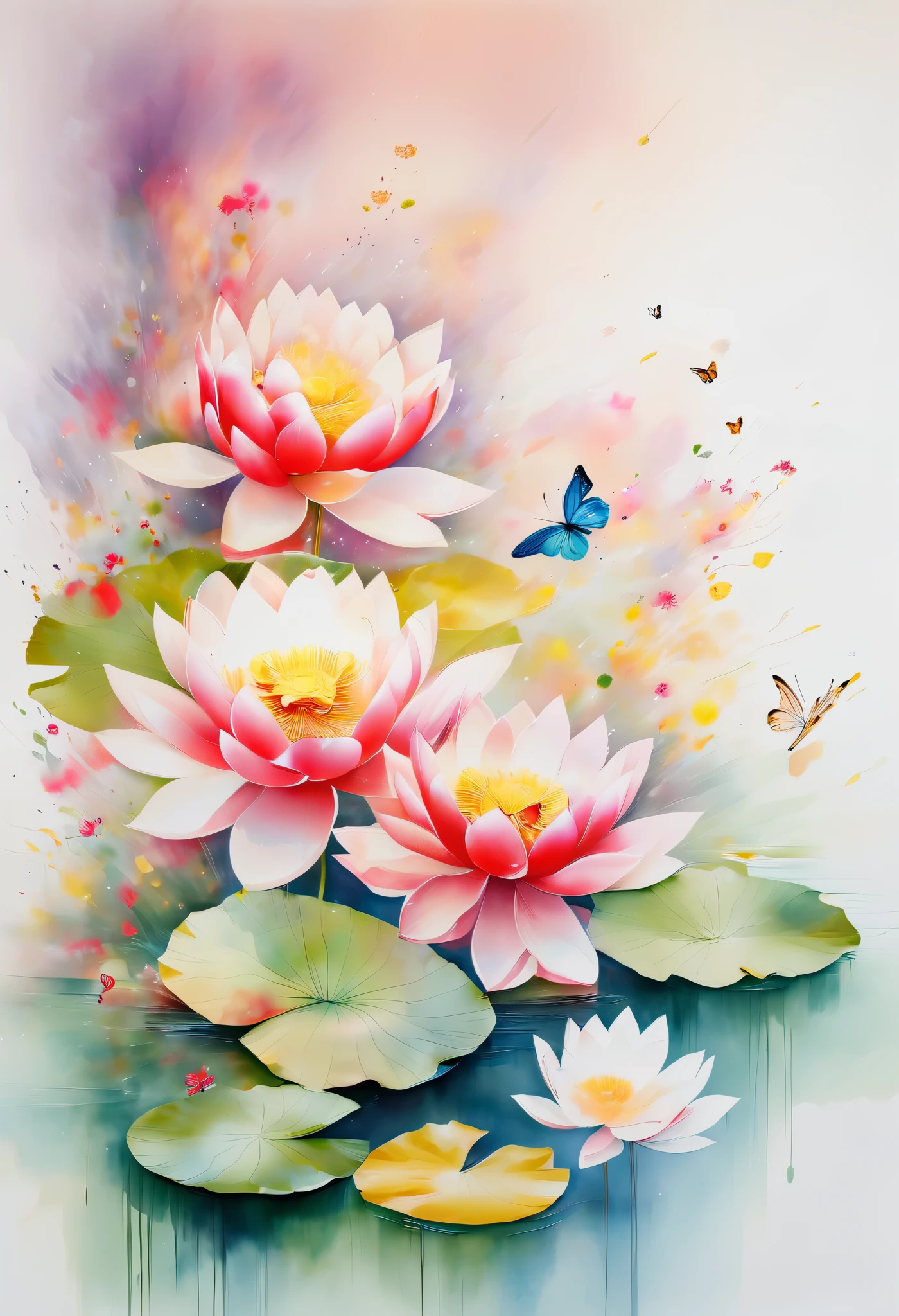 This abstract watercolor flower painting offers a light and refreshing visual effect。Lotus flowers and butterflies intertwined in the lake,Forming the perfect combination of nature and romance。The screen is dominated by a white background,Highlight isolated watercolor flower。Splash technology recreates wet conditions,The atmosphere seems vague and dreamy。Unique composition and abstract expression add to the artistic feel of the picture,Contains elements of surrealism。The overall color tone is mainly light tones,Red and gold complement each other,Show high-resolution details。The splash-ink effect adds a touch of agility to the picture,The light color gives the flowers a deep and restrained beauty.