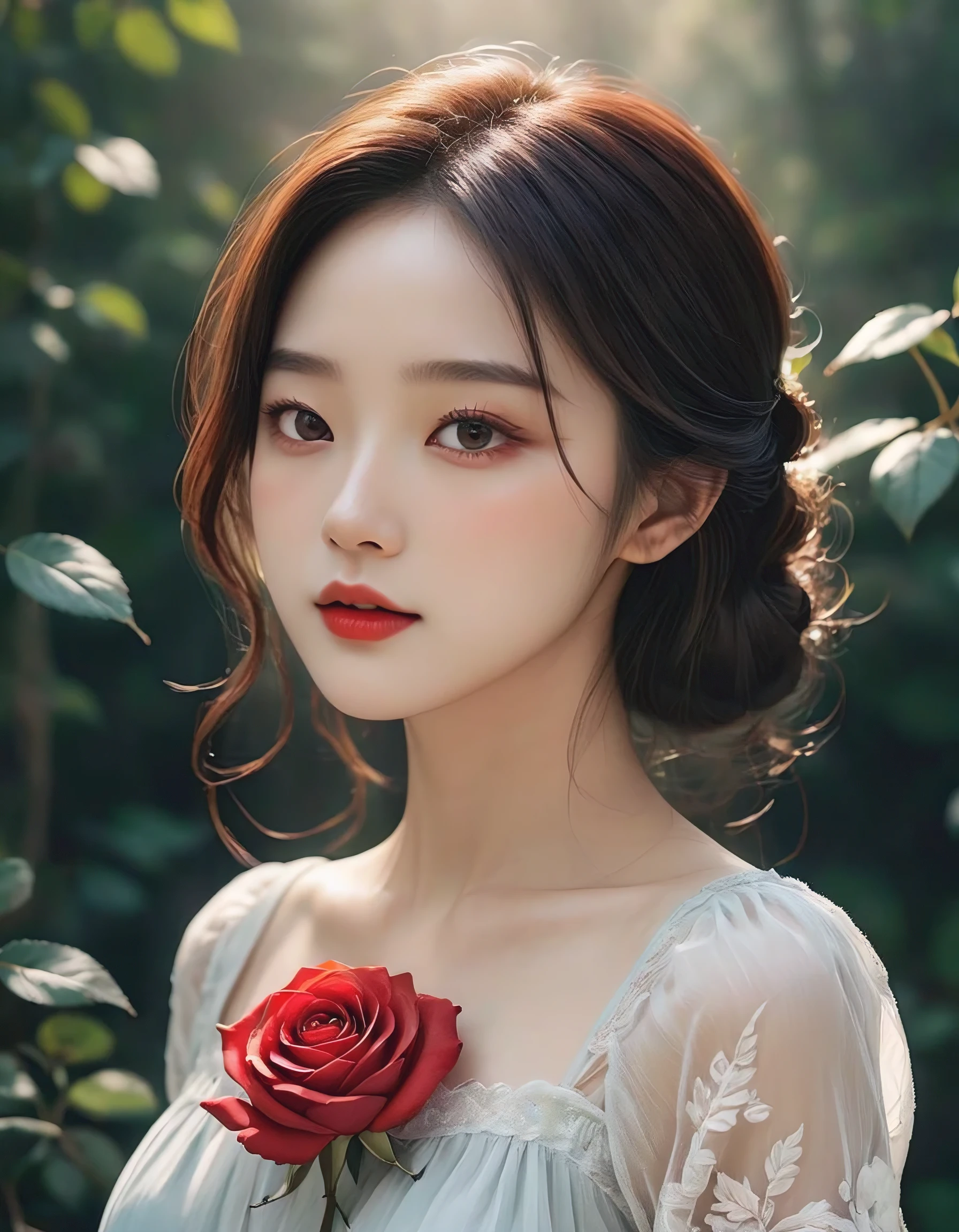 artistic style: Delicate lines. face: expressionless,distinct eyes,light smile,bright red red lips,beautiful face,
subject: red rose color(Passionate,bright red) beautiful woman in dress,
detailed images: Greedy, light brown,with long wavy hair,woman for a long time, Her skin is pale and porcelain, Just a little blush on her cheeks. She stands gracefully in a model-like pose, staring straight ahead..
Environment Description: spotlight,Pin lighting,I feel like I'm the only one in the world,Bright light, Soft sunlight shines on everything around you..
atmosphere/atmosphere: The atmosphere is calm and peaceful, The serenity and wonder that permeates the scene..
style execution: high quality,8k,detail,clear,(detailed, realistic)