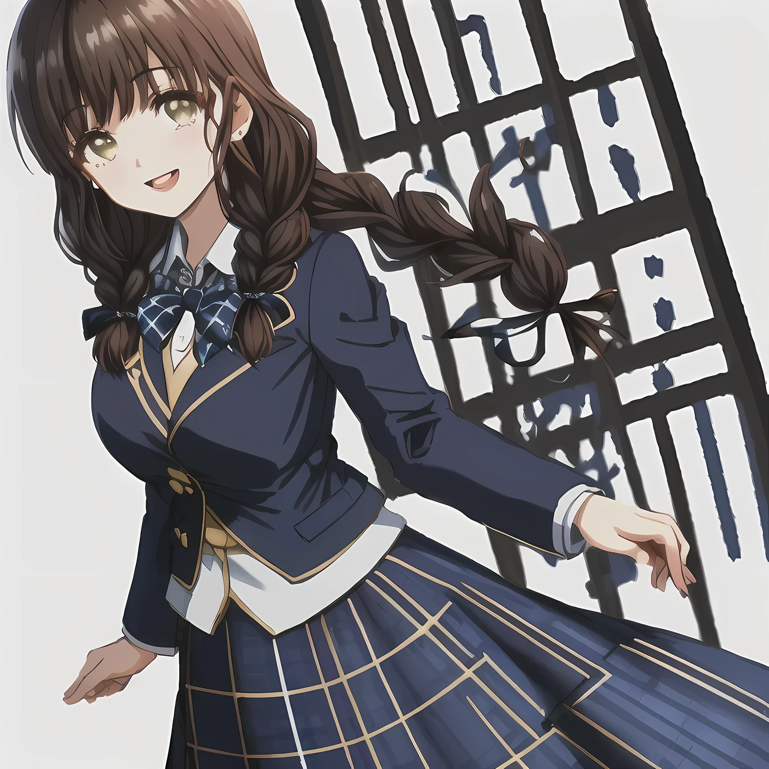 highest quality, (masterpiece:1.2), High resolution, perfect pixel, A very beautiful woman stands tall, 16 years old, ((girly large deep blue glossy silk Japanese school ribbon bow tie)), (((a pair of dark brown tightly braids hair style))), ((((dark blue & deep navy colored tartan checkered long skirt)))), ((A formal dark blue blazer with a golden emblem on the left chest that feels like cloth.)), Watching the viewer and laughing, pity the viewers, the skirt is so cute, detailed fingers