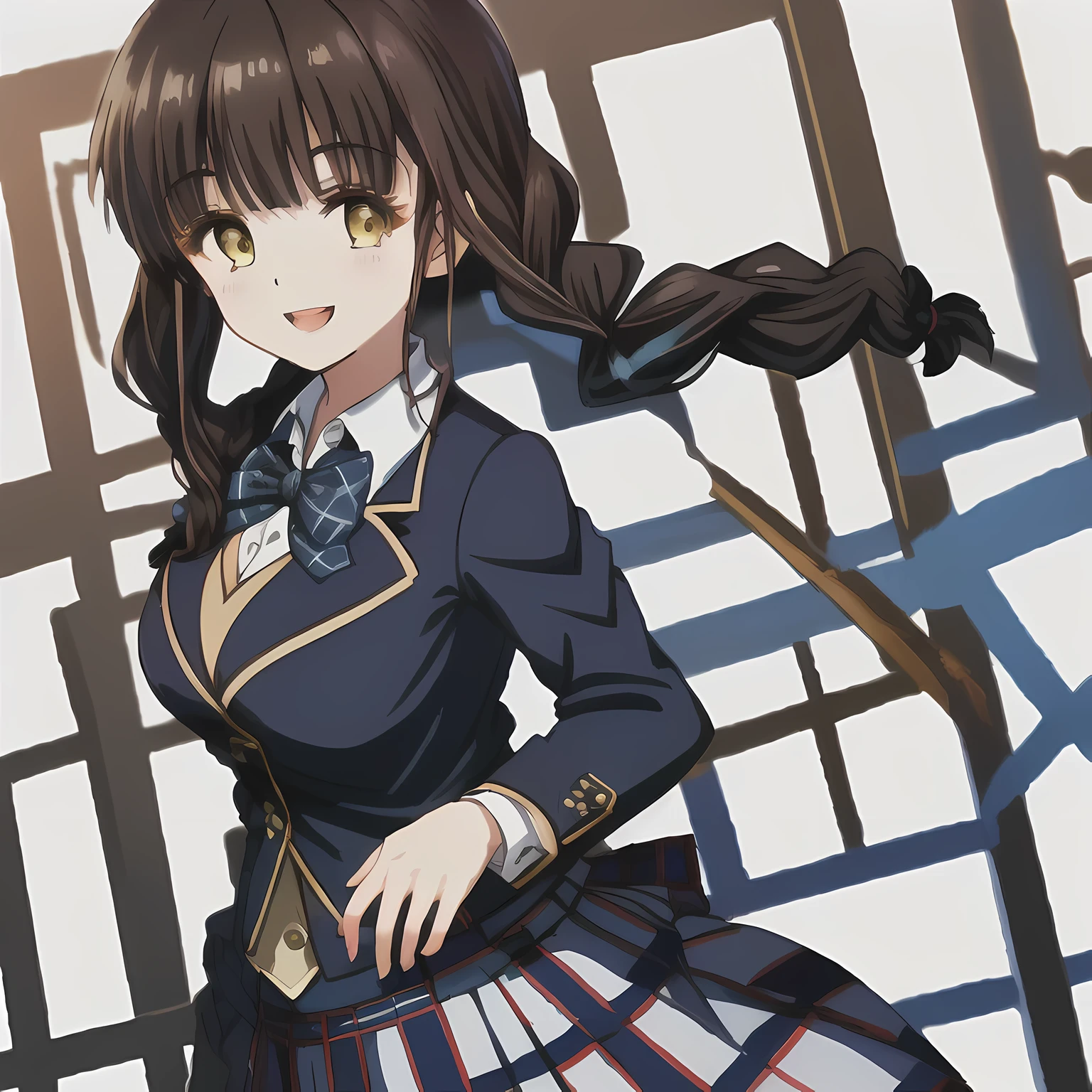 highest quality, (masterpiece:1.2), High resolution, perfect pixel, A very beautiful woman stands tall, 16 years old, ((girly large deep blue glossy silk Japanese school ribbon bow tie)), (((a pair of dark brown tightly braids hair style))), ((((dark blue & deep navy colored tartan checkered long skirt)))), ((A formal dark blue blazer with a golden emblem on the left chest that feels like cloth.)), Watching the viewer and laughing, pity the viewers, the skirt is so cute, detailed fingers